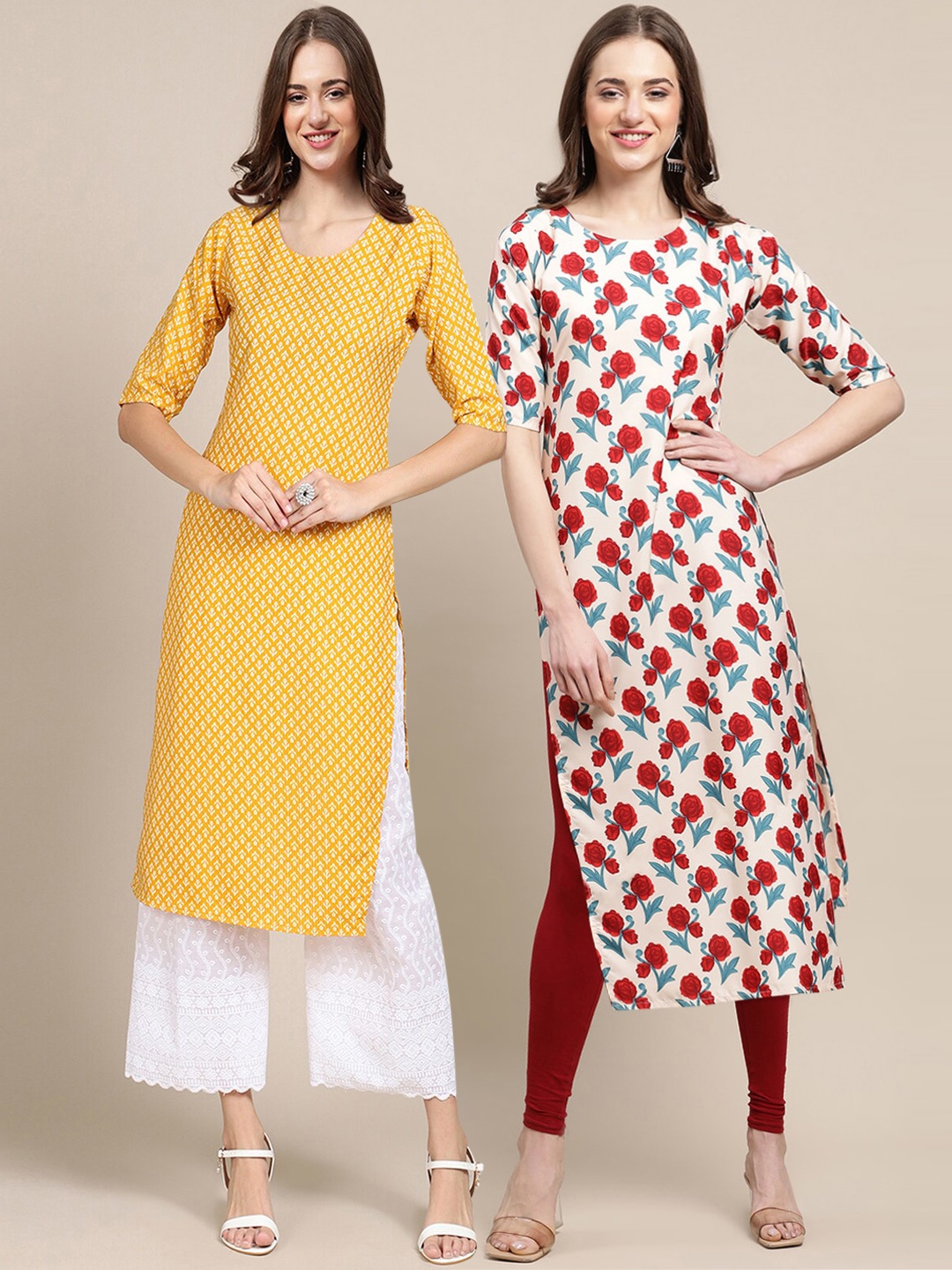 

7Threads Pack of 2 Women Printed Block Print Straight Crepe Kurta, Yellow