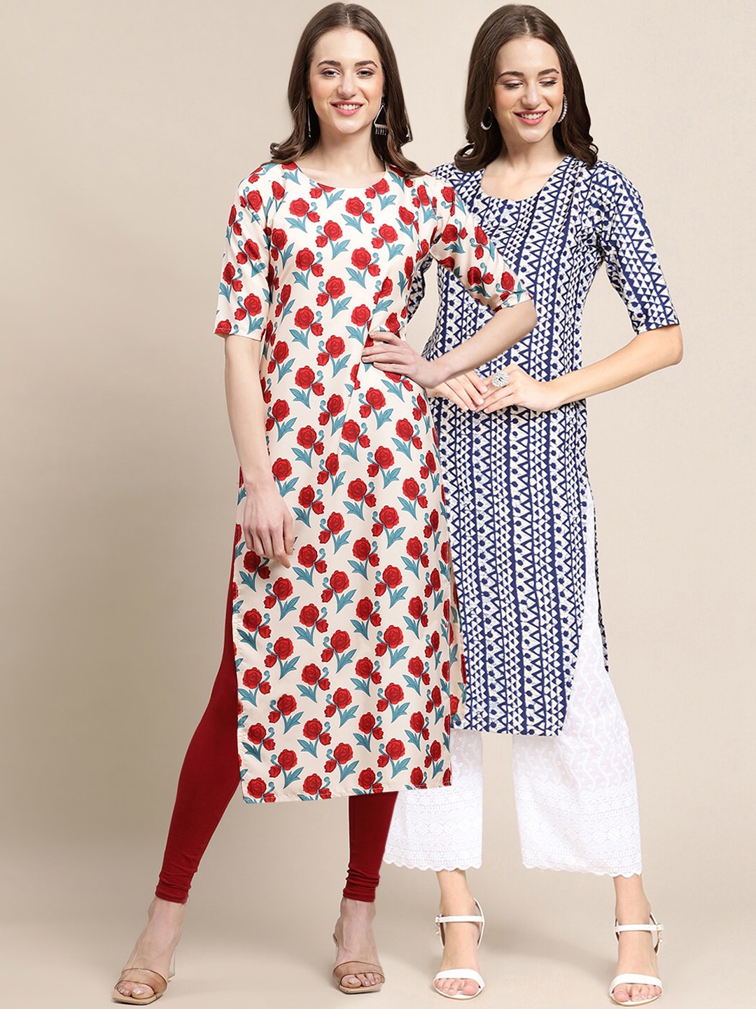 

7Threads Women Pack Of 2 Cream-Coloured & Blue Floral Printed Crepe Kurta