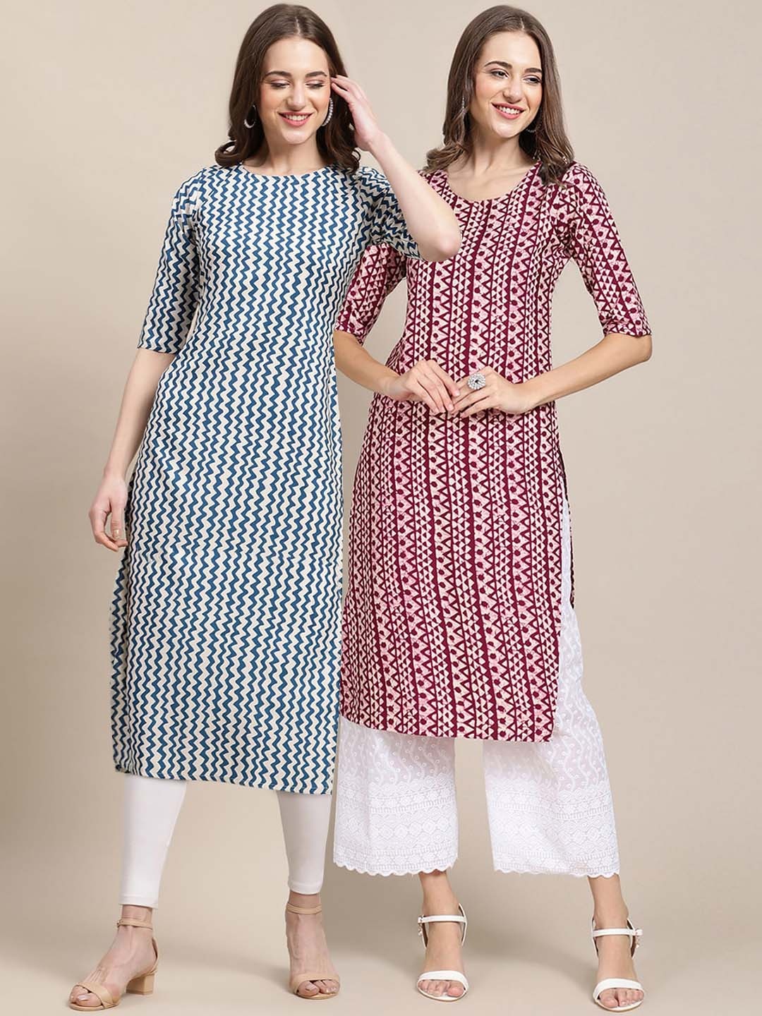 

7Threads Women Pack Of 2 Maroon & Blue Geometric Printed Crepe Kurta