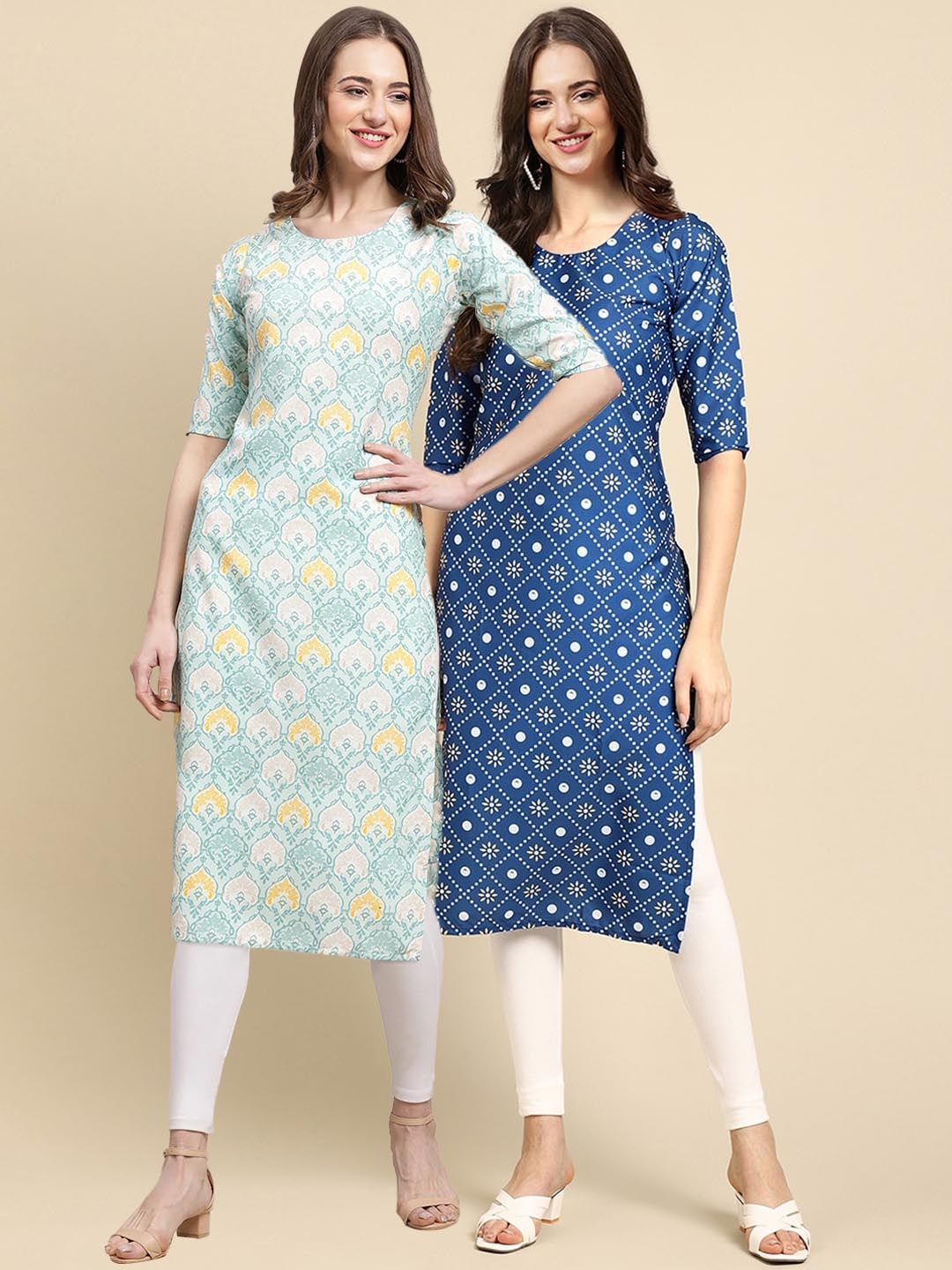 

7Threads Women Pack Of 2 White & Blue Ethnic Motifs Printed Crepe Kurta