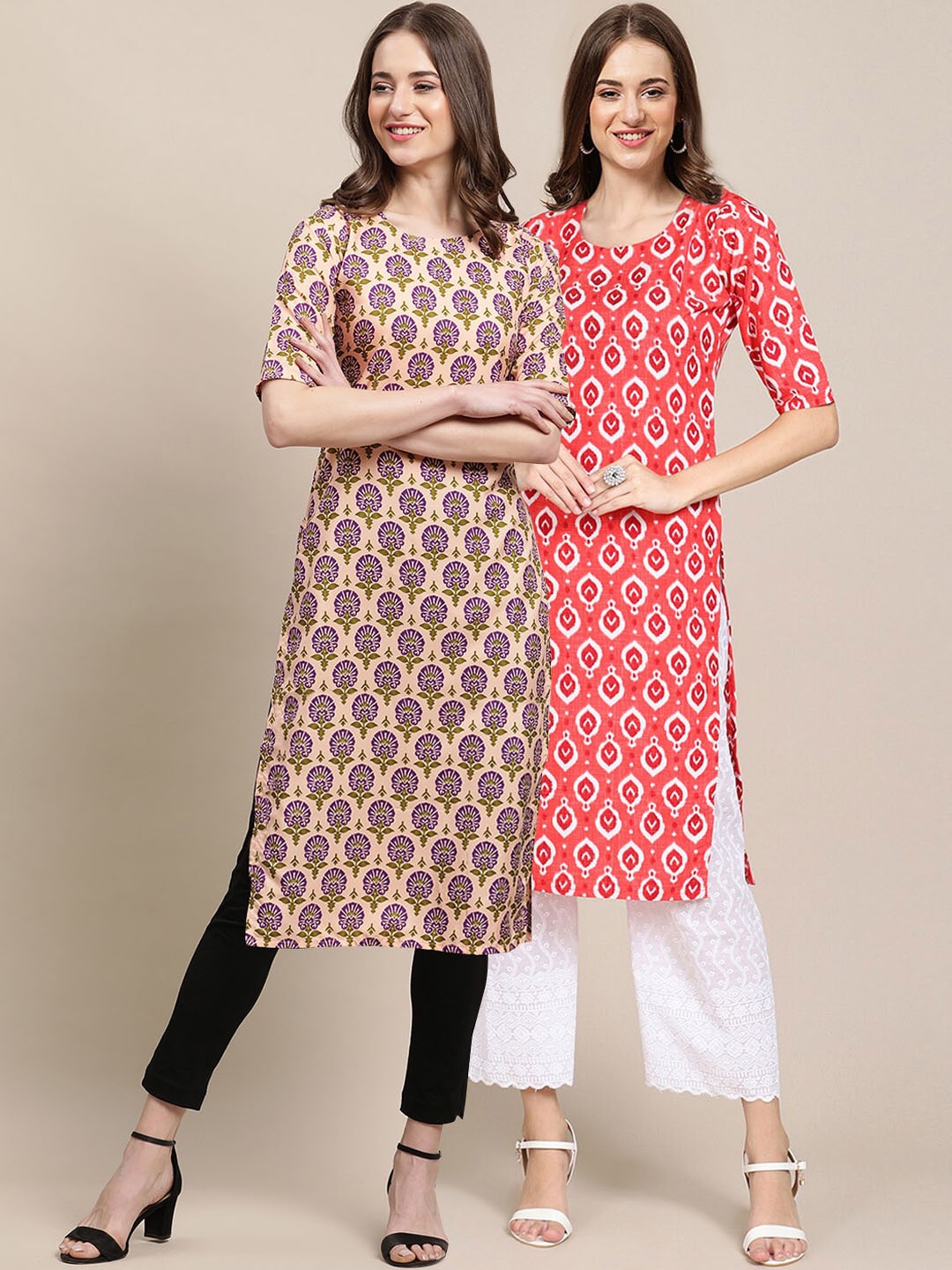 

7Threads Women Pack Of 2 Off White & Red Ethnic Motifs Printed Crepe Kurta