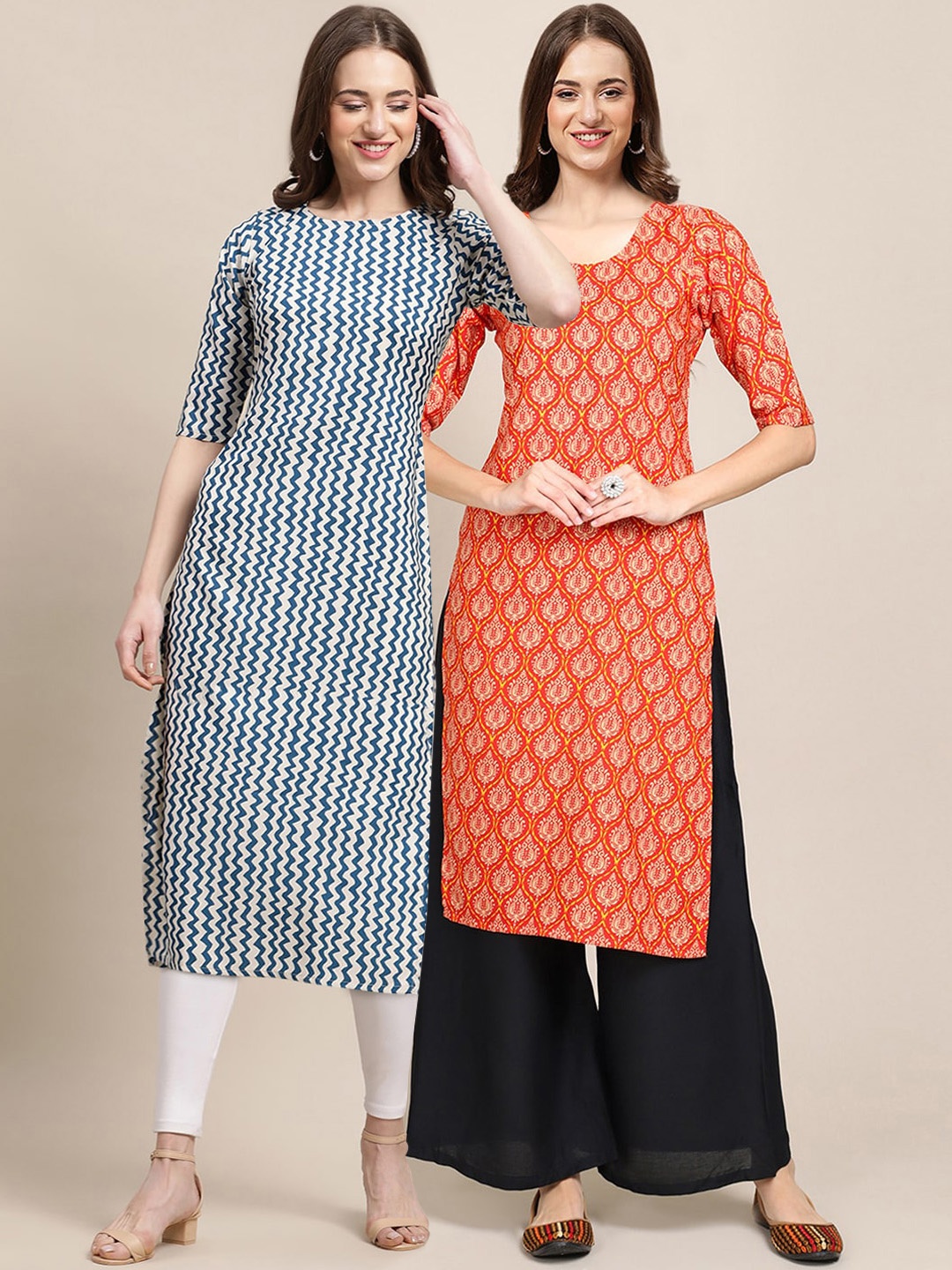 

7Threads Women Pack of 2 Orange & Blue Geometric Printed Crepe Kurtas