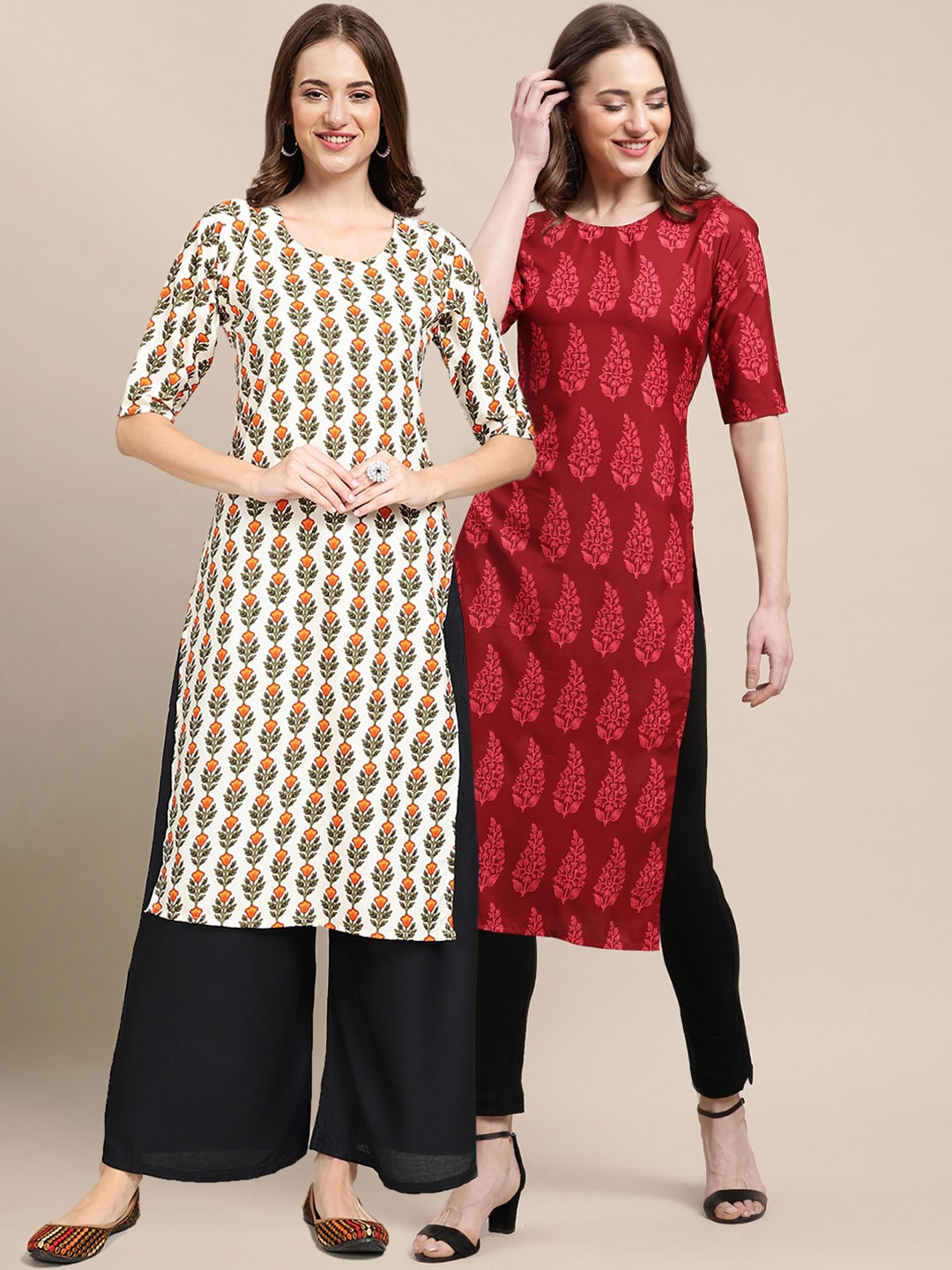 

7Threads Women White & Red Ethnic Motifs Printed Crepe Pack of 2 Kurtas