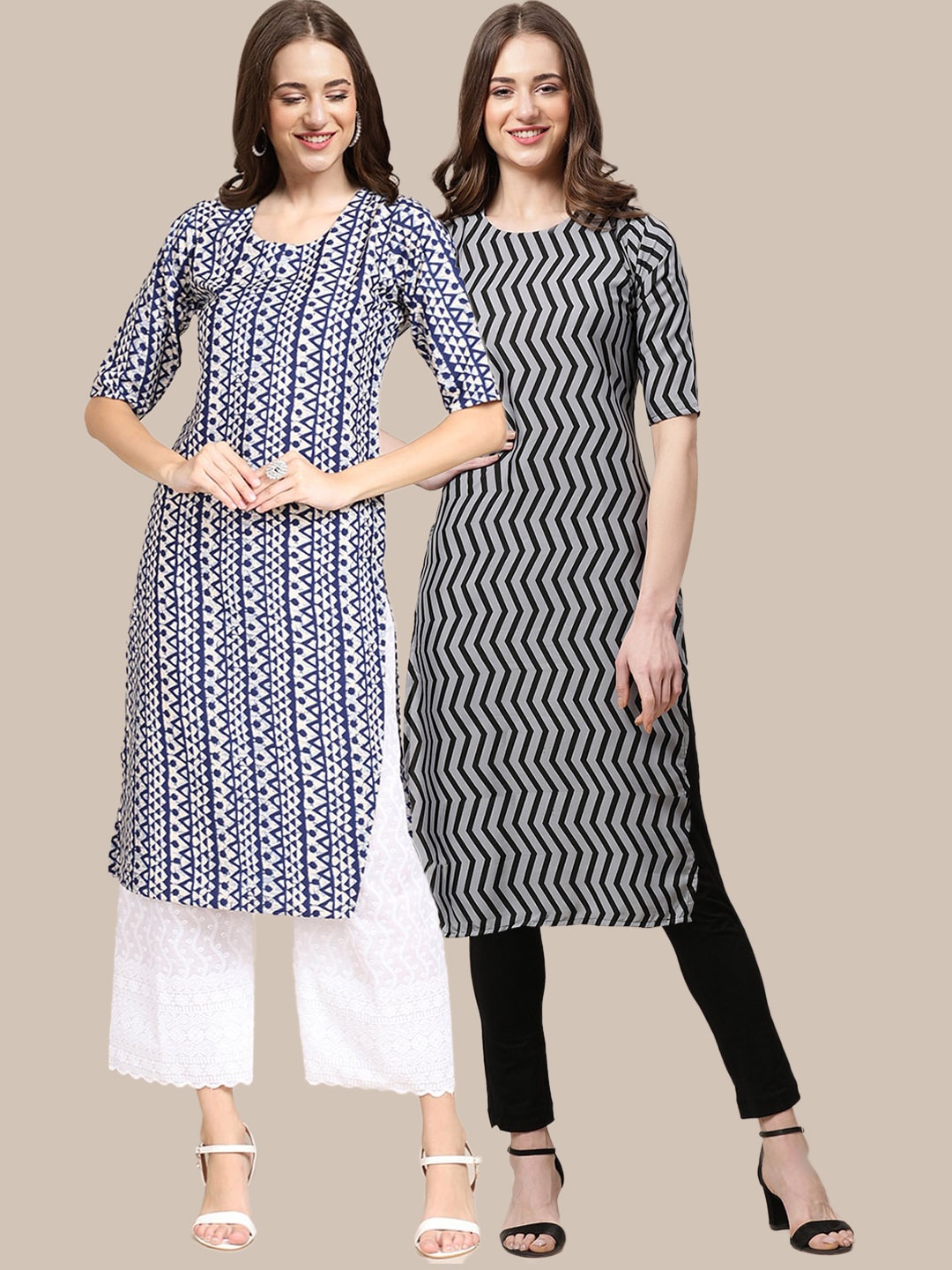 

7Threads Women Pack Of 2 Blue & Grey Geometric Printed Crepe Kurta