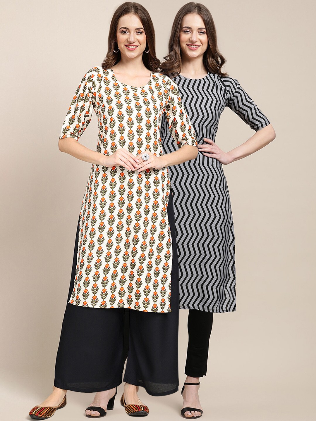 

7Threads Women Pack of 2 Off White & Black Ethnic Motifs Striped Crepe Kurta