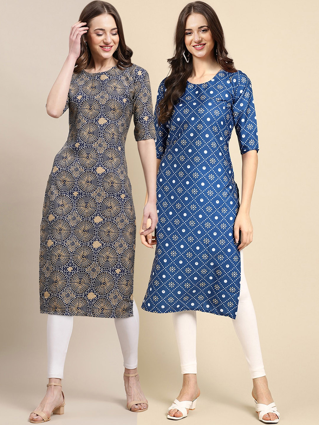 

7Threads Women Grey & Blue Pack Of 2 Floral Printed Block Print Crepe Kurta
