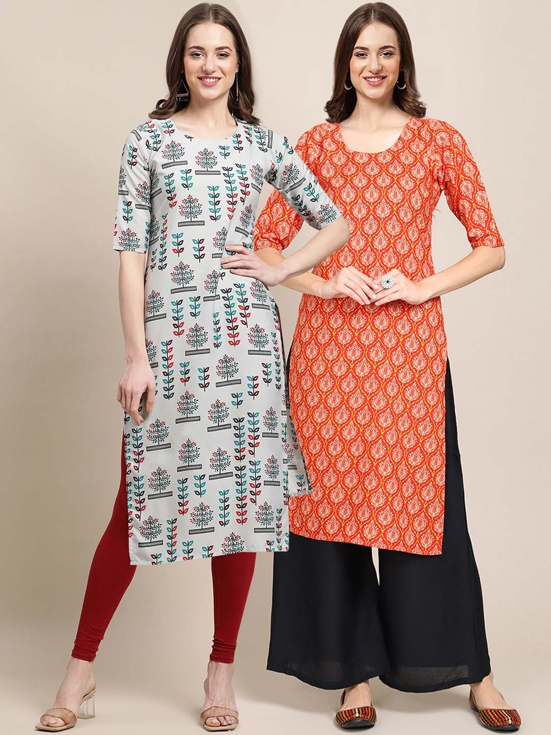 

7Threads Women White & Orange Pack Of 2 Ethnic Motifs Printed Block Print Crepe Kurta