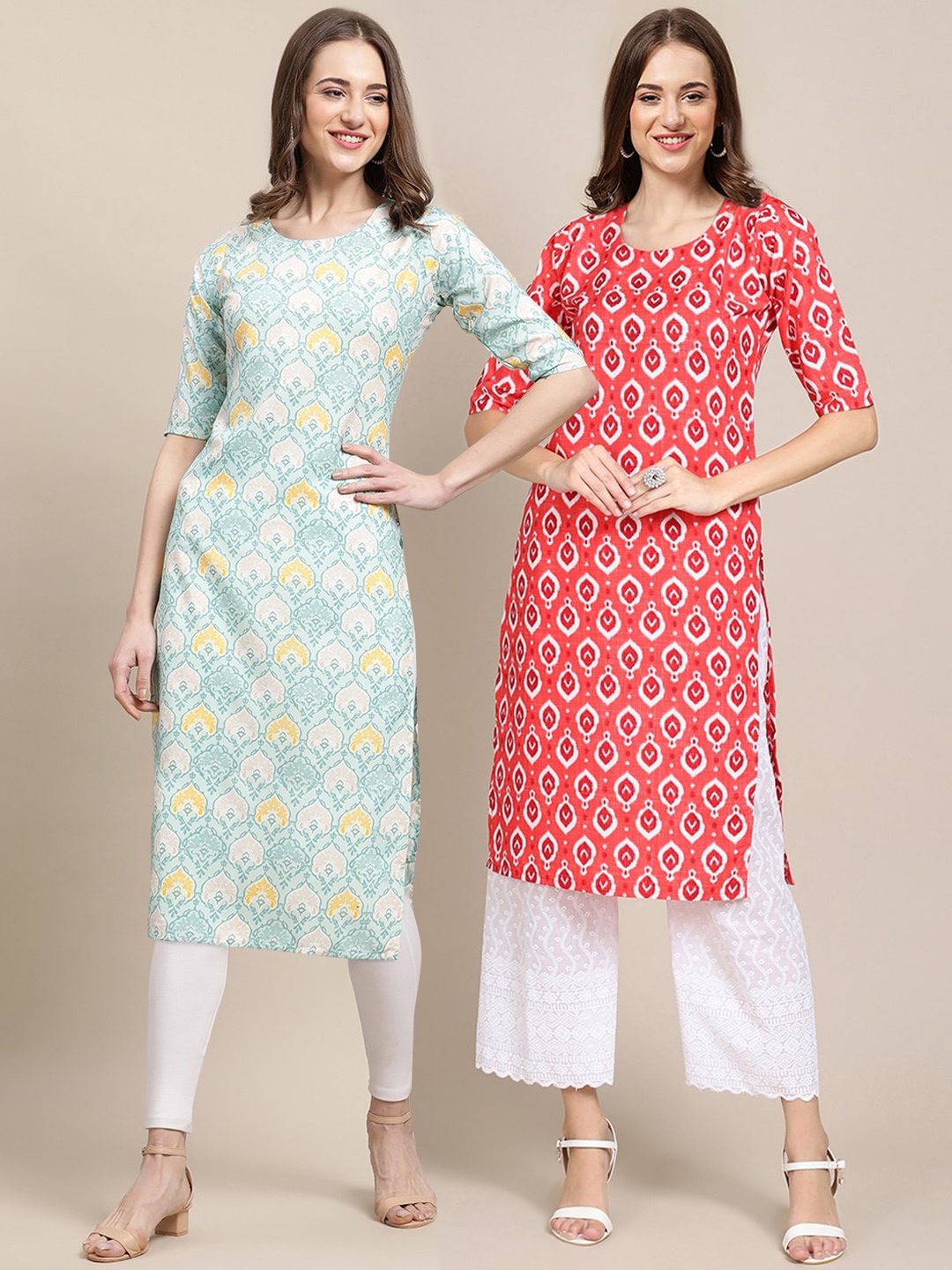 

7Threads Women Blue & Red Pack of 2Geometric Printed Block Print Crepe Kurta