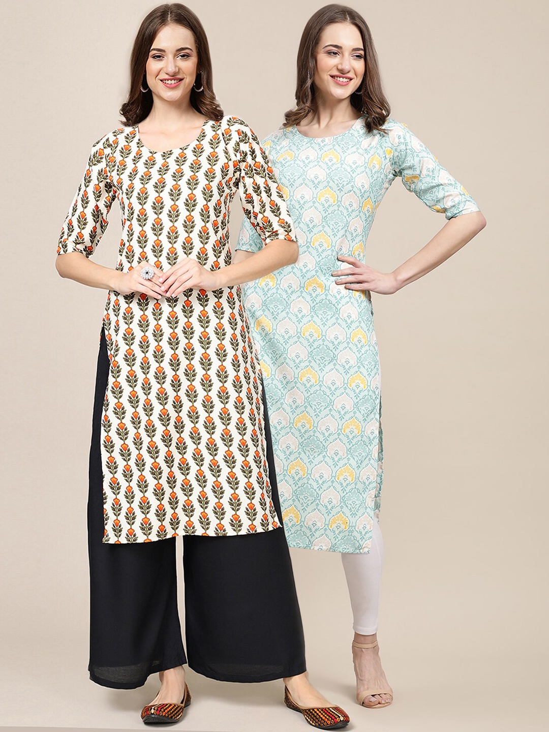 

7Threads Women Pack Of 2 Off White & Blue Printed Crepe Straight Kurta