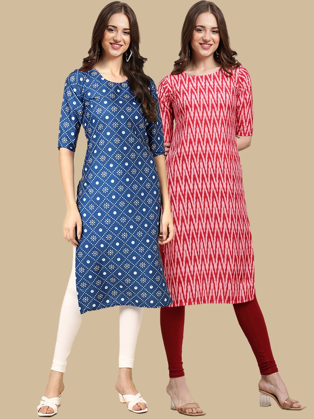 

7Threads Women Pack Of 2 Blue & Red Geometric Crepe Kurta