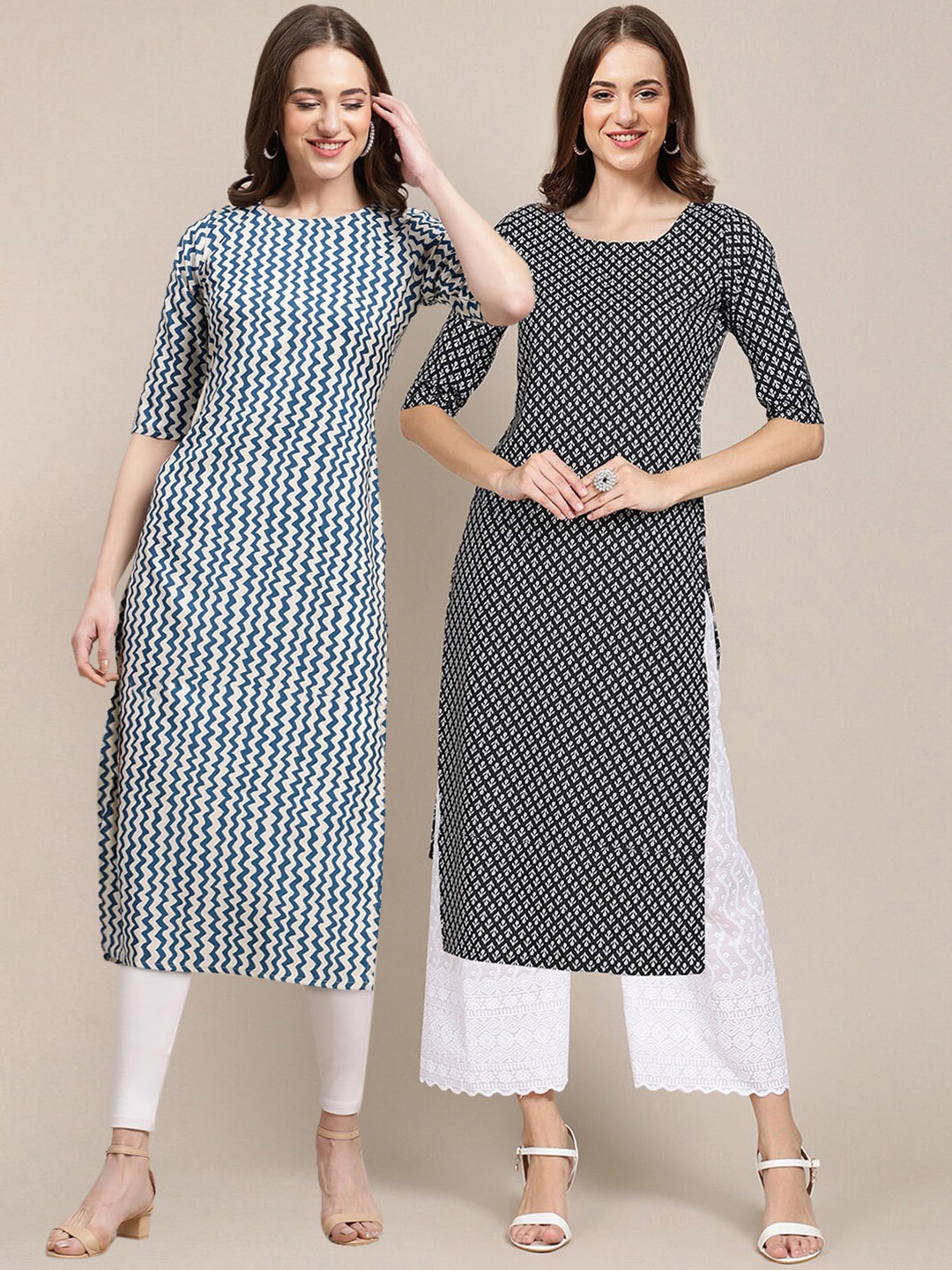 

KALINI Women Pack Of 2 Black & White Geometric Printed Handloom Crepe Kurta