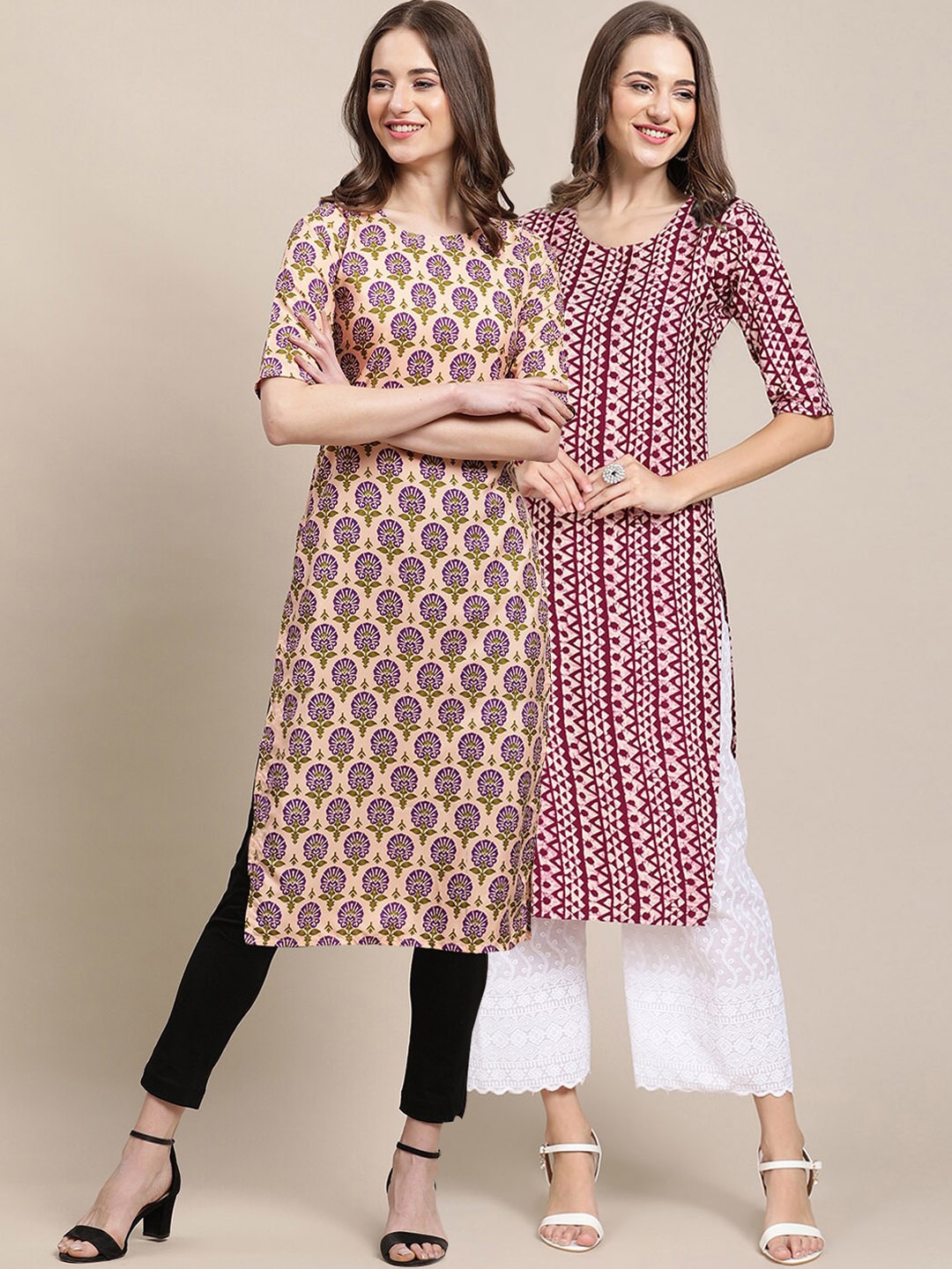 

7Threads Women Pack of 2 Purple & Beige Geometric Block Print Crepe Kurtas