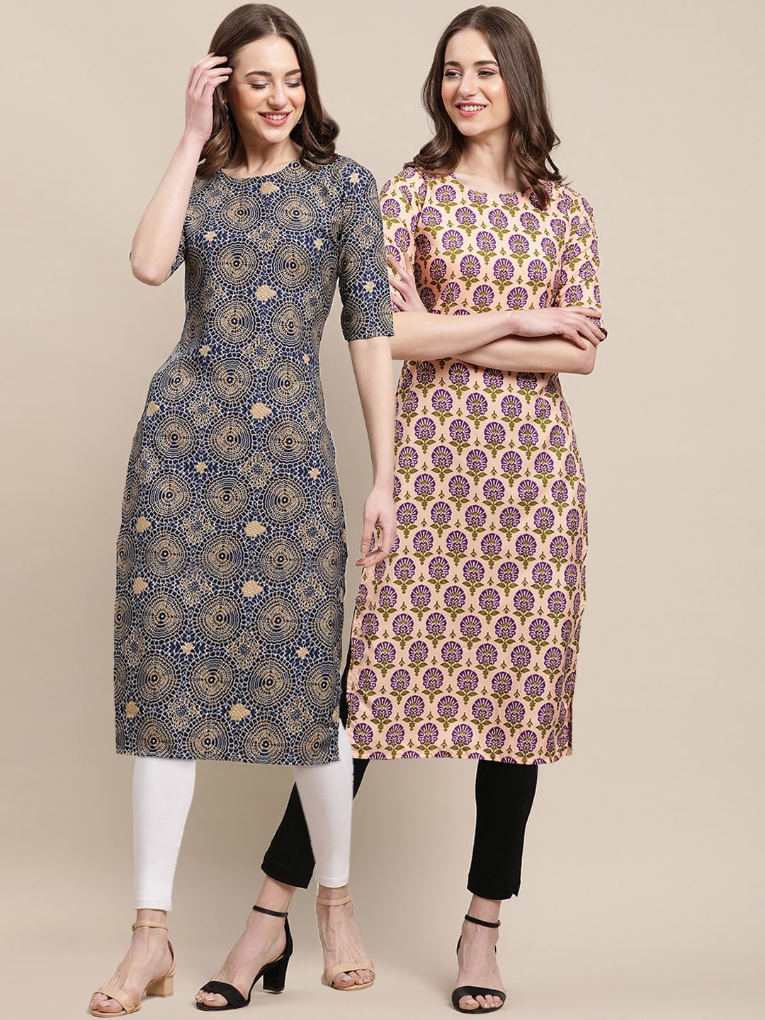 

7Threads Women Pack of 2 Grey & Beige Ethnic Motifs Block Print Handloom Crepe Kurta