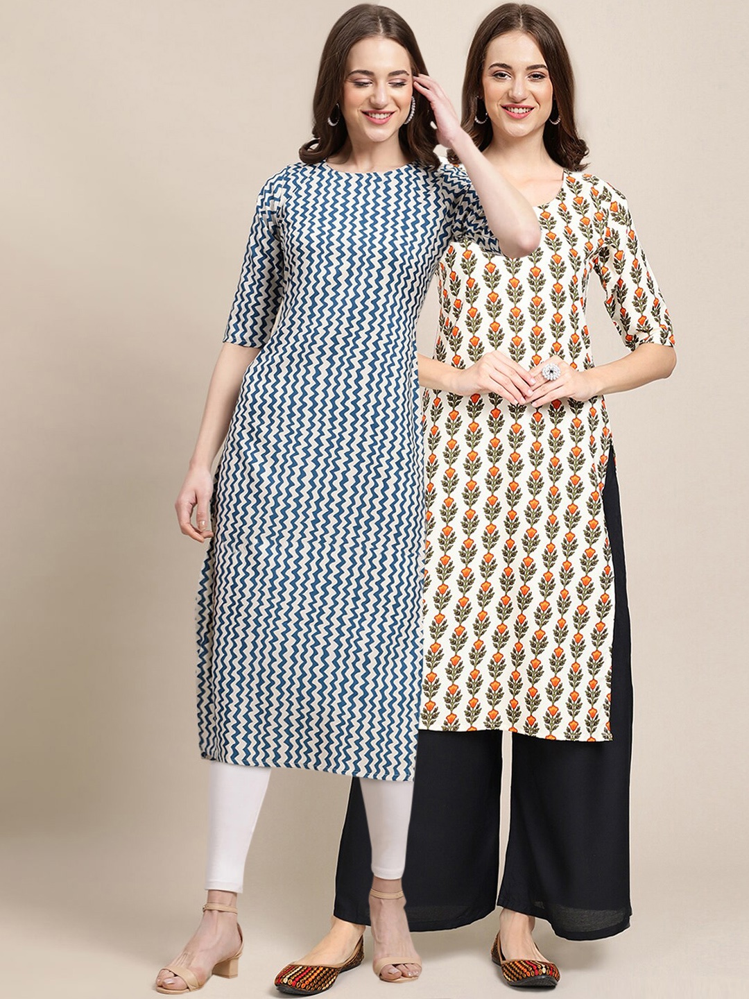 

7Threads Women Blue & White PACK OF 2 Geometric Printed Thread Work Block Print Crepe Kurta