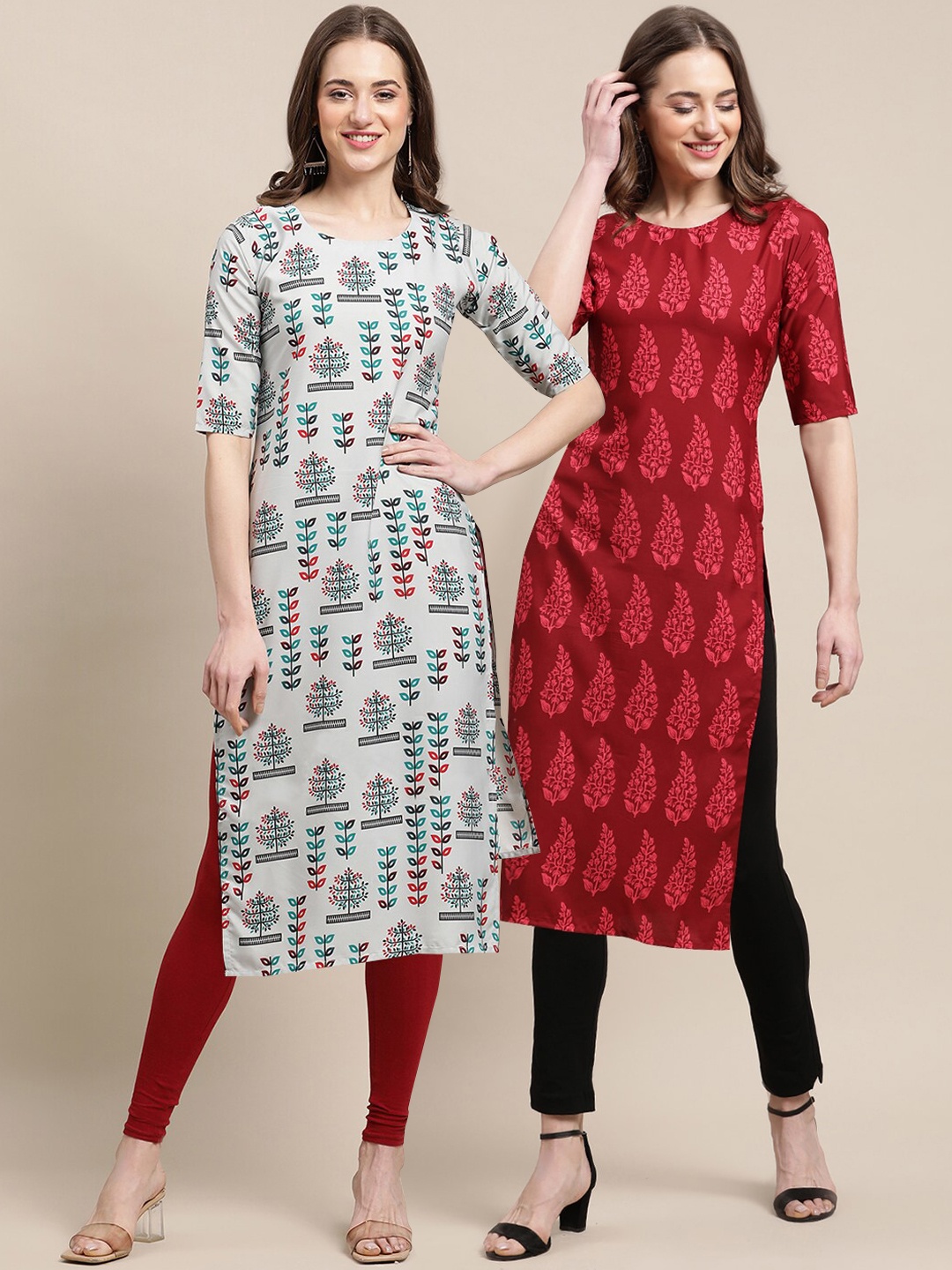 

7Threads Women Pack of 2 White & Red Ethnic Motifs Printed Block Print Handloom Crepe Kurta