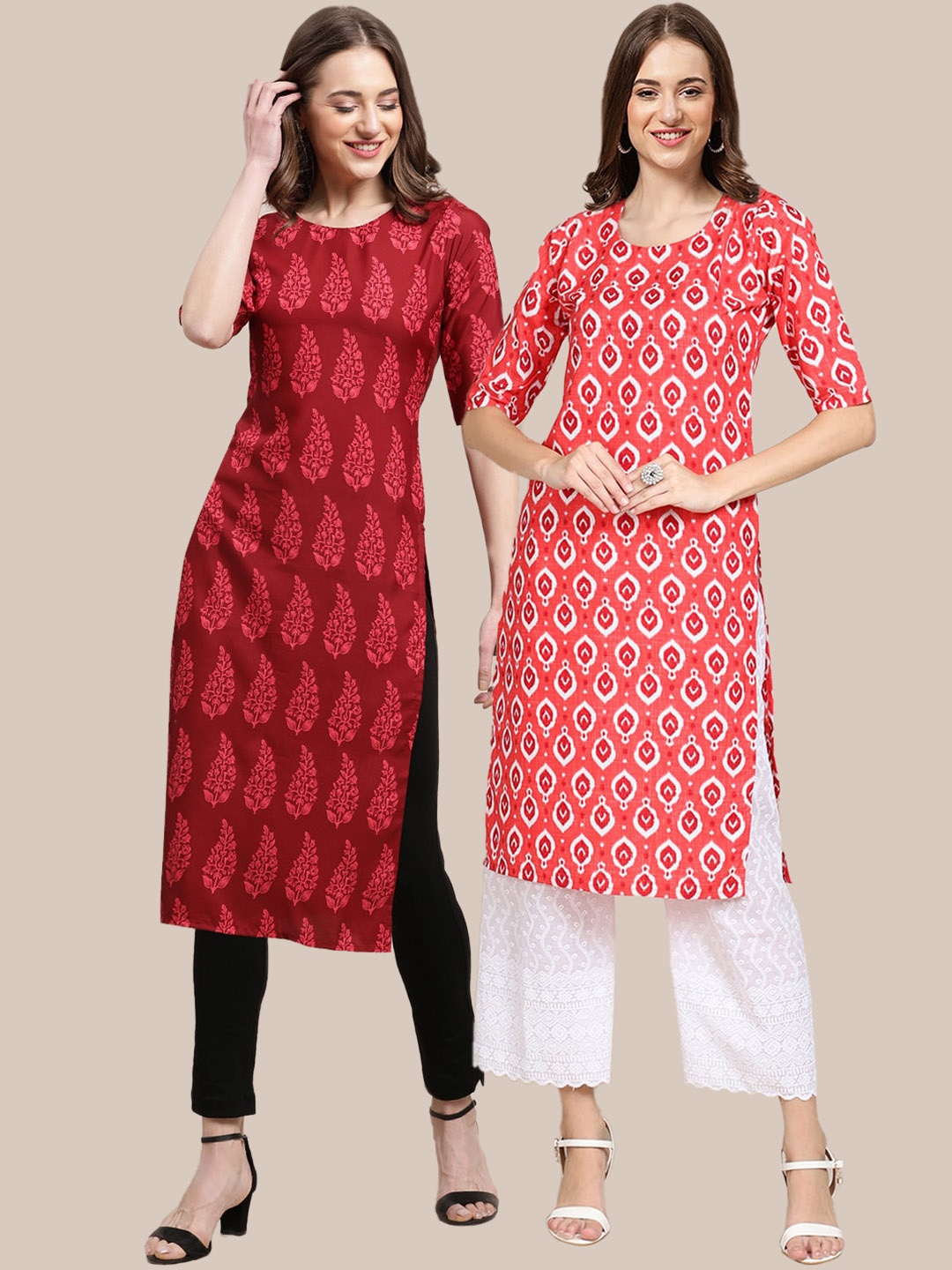 

7Threads Women Pack Of 2 Red & Peach-Coloured Ethnic Motifs Printed Crepe Kurta