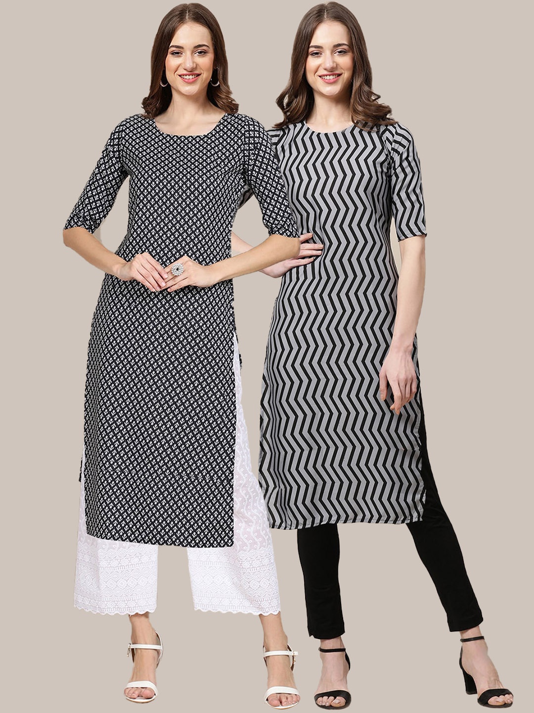 

7Threads Women Pack of 2 Geometric Printed Crepe Kurtas, Black