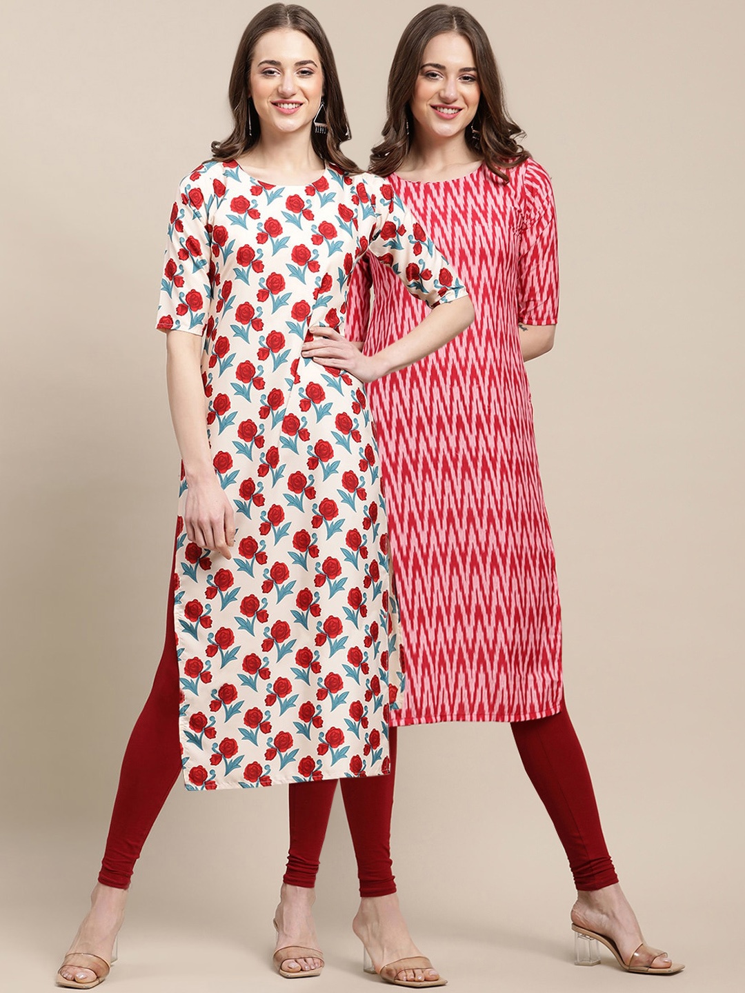 

7Threads Women Pack Of 2 Ethnic Motifs Printed Crepe Kurta, Red