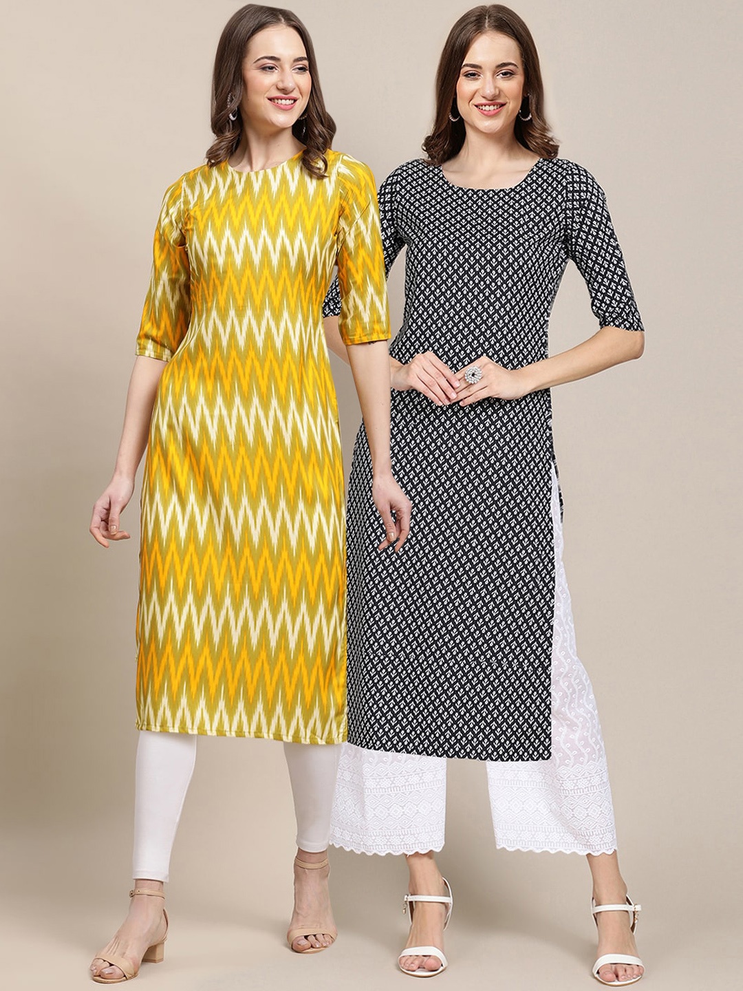 

7Threads Women Pack of 2 Block Print Handloom Crepe Kurta, Mustard