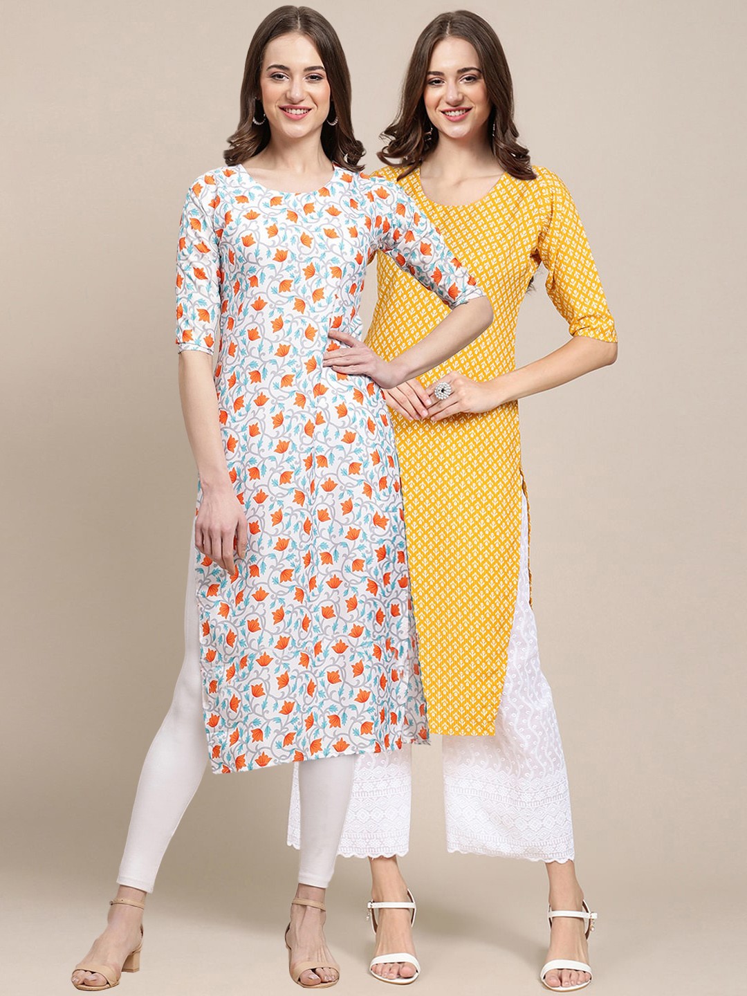 

7Threads Women Pack Of 2 Off White & Yellow Floral Printed Block Print Crepe Kurta