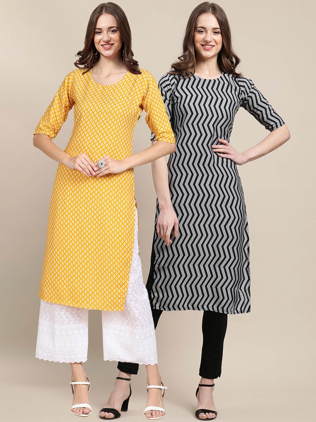 

7Threads Women Pack of 2 Yellow & Grey Printed Crepe Kurta, Multi