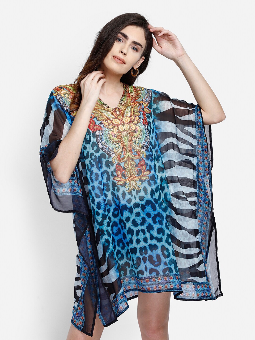 

Aditi Wasan Women Brown & Blue Polyester Chiffon Kaftan Dress