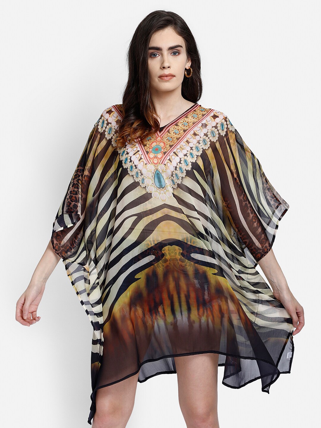 

Aditi Wasan Women Black & Brown Animal Chiffon Kaftan Dress