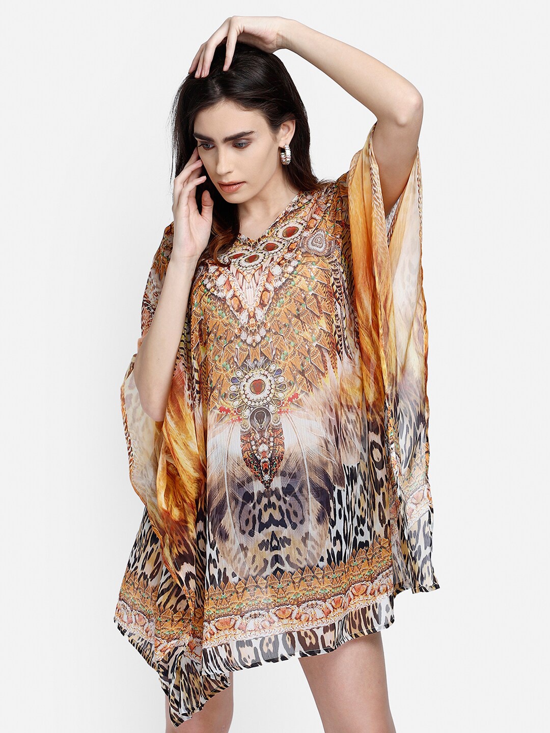 

Aditi Wasan Women Brown & Blue Animal Chiffon Kaftan Dress