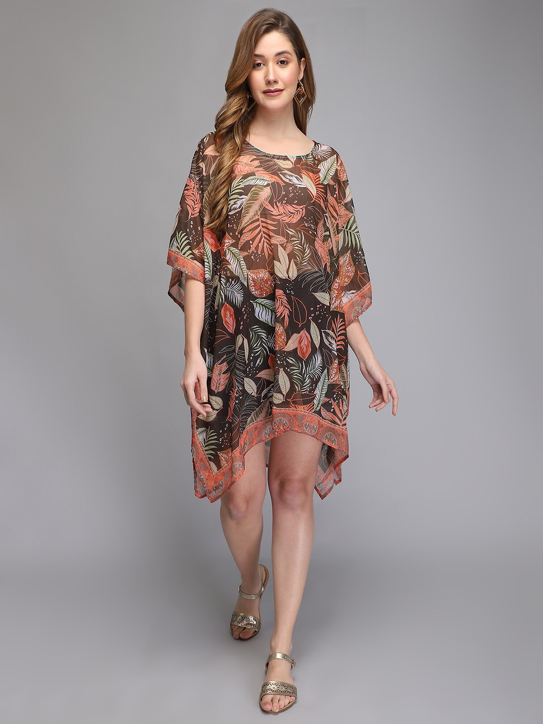 

Aditi Wasan Women Black & Orange Tropical Chiffon Kaftan Dress
