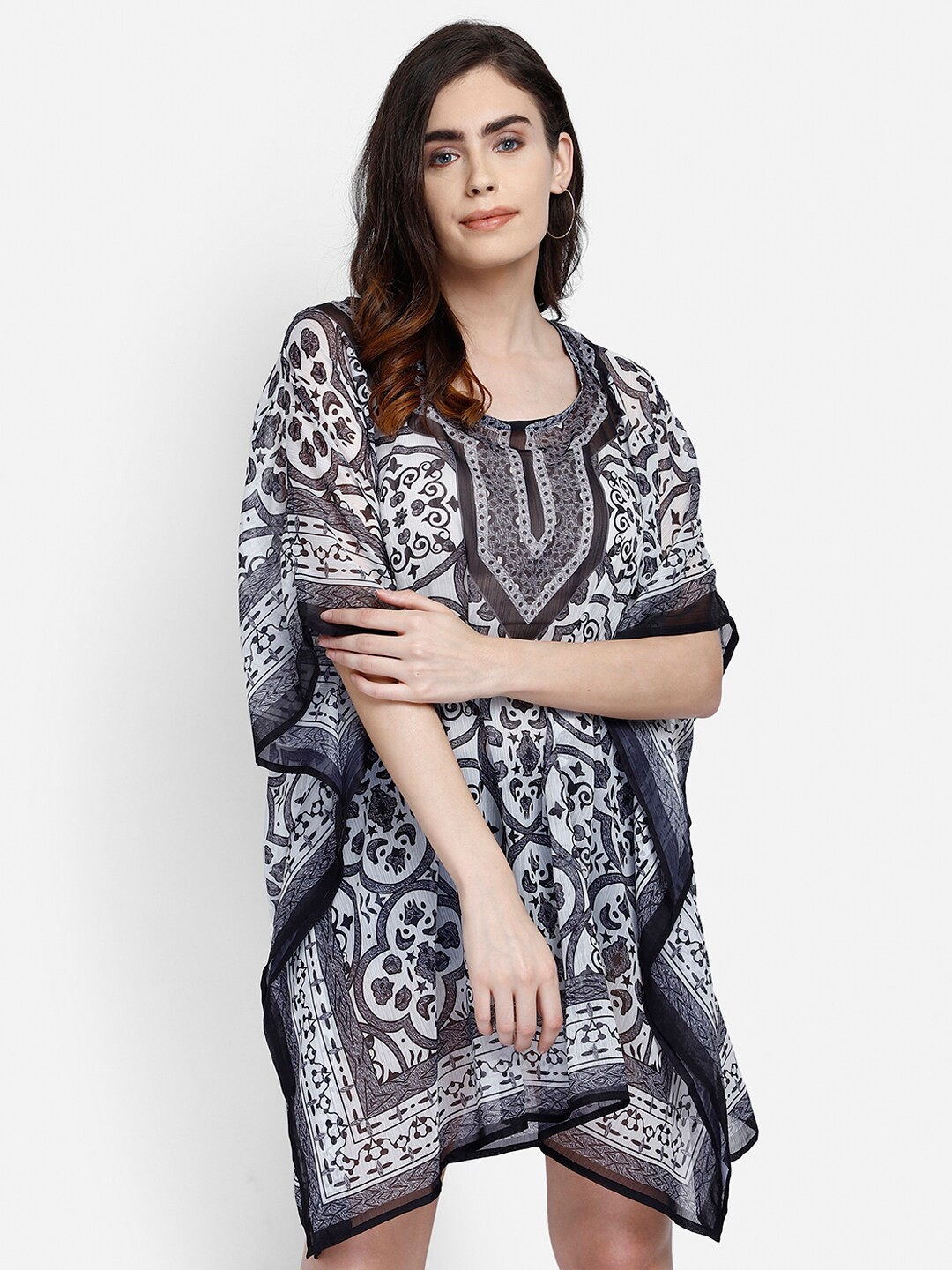 

Aditi Wasan Black Ethnic Motifs Chiffon Maternity Kaftan Dress
