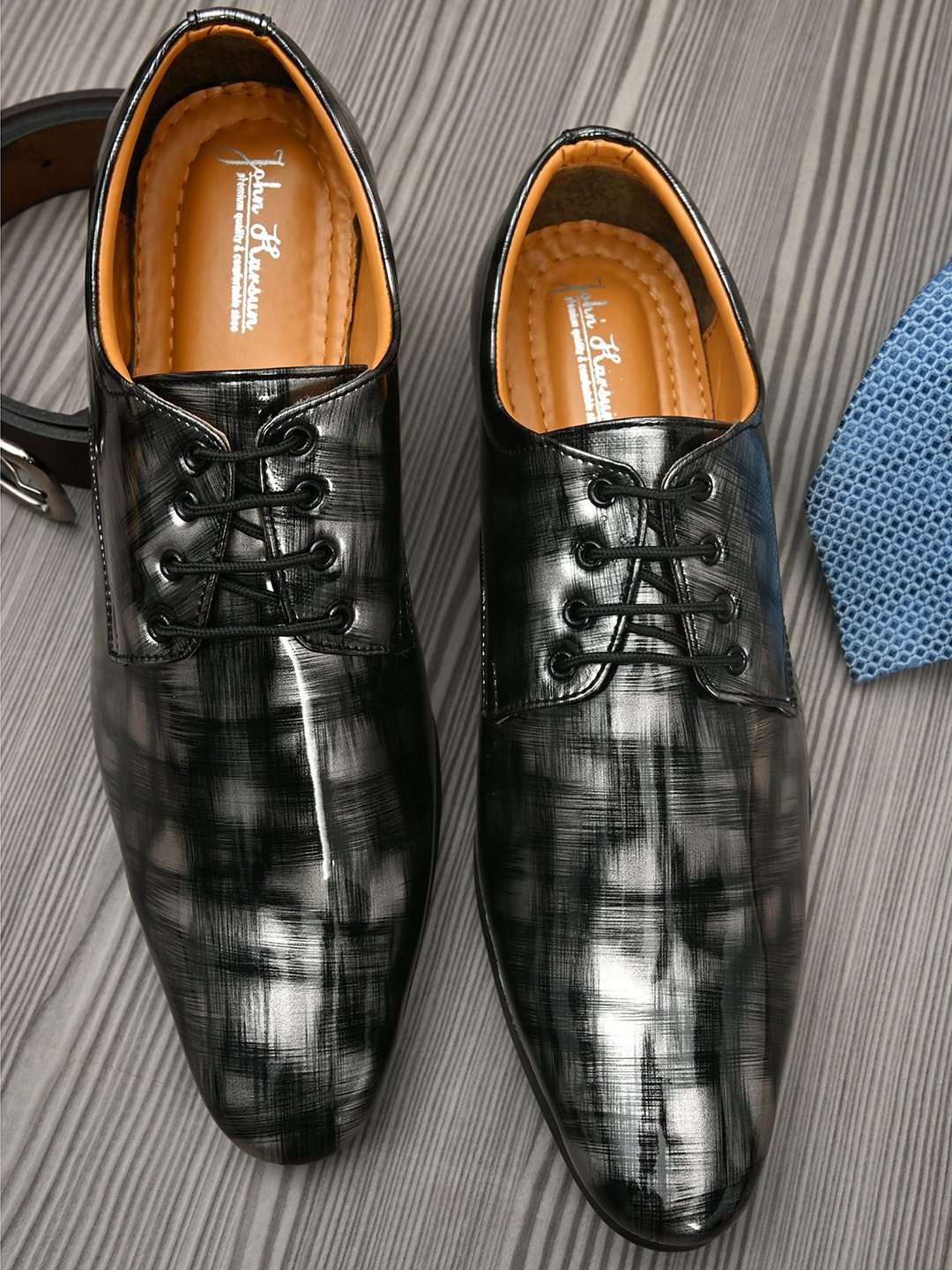 

John Karsun Men Black Printed Formal Leather Derbys