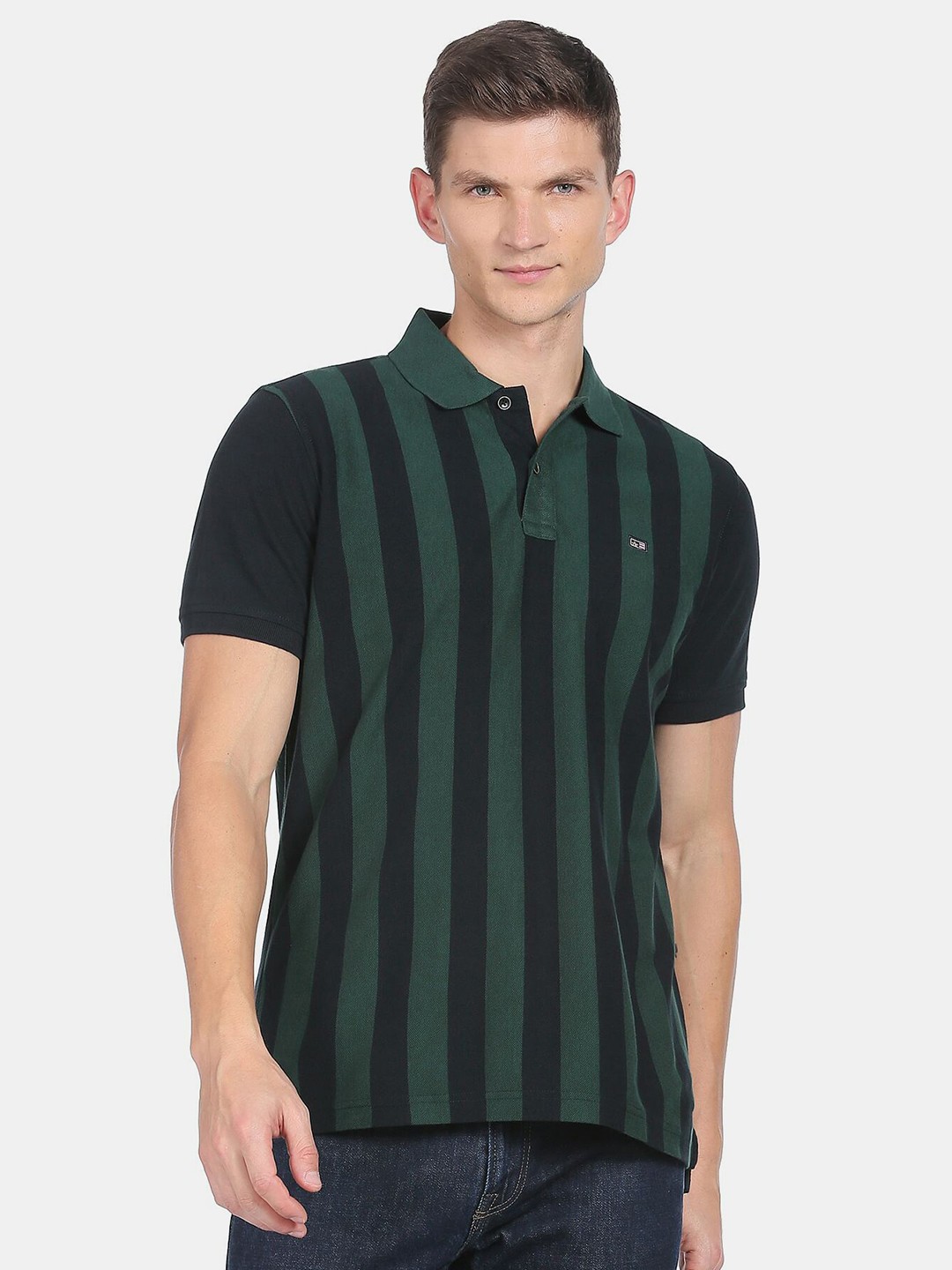 

Arrow Sport Men Green & Black Striped Polo Collar Cotton T-shirt