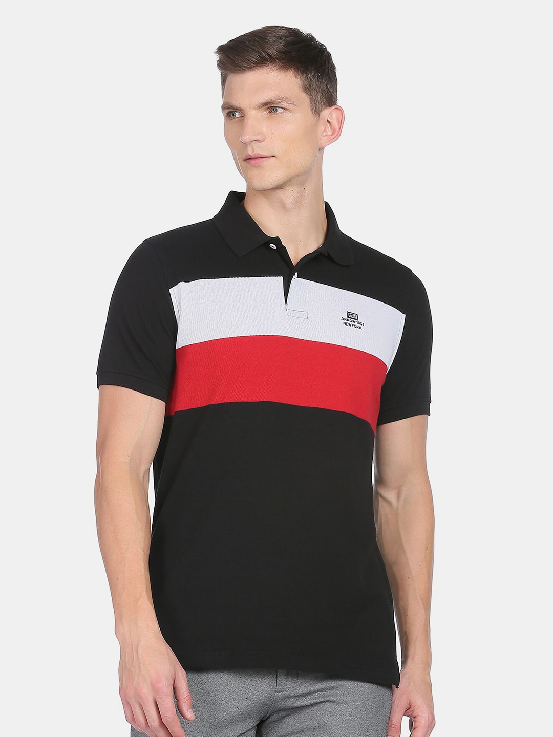 

Arrow Sport Men Black & Red Colourblocked Polo Collar Cotton T-shirt