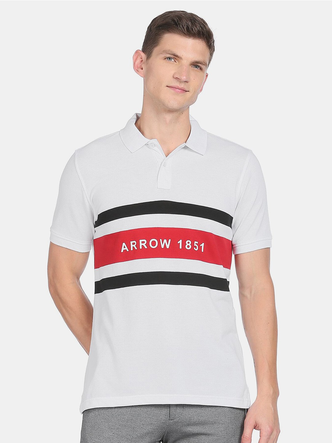 

Arrow Sport Men White Typography Printed Polo Collar T-shirt