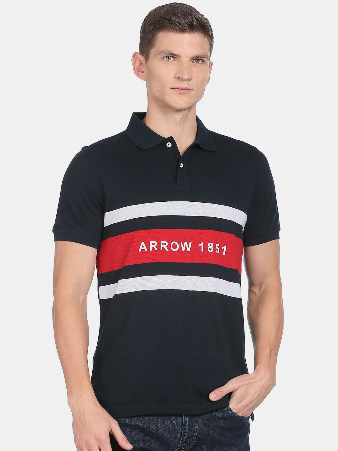 

Arrow Sport Men Blue & Red Colourblocked Pure Cotton Polo Collar T-shirt