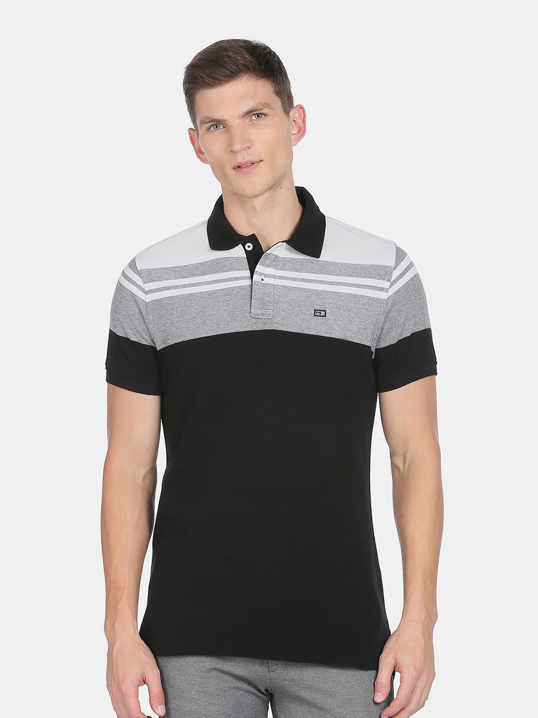 

Arrow Sport Men Black & Grey Striped Pure Cotton Polo Collar T-shirt