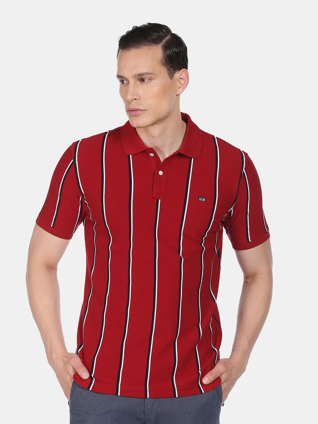 

Arrow Sport Men Red & Black Striped Pure Cotton Polo Collar T-shirt