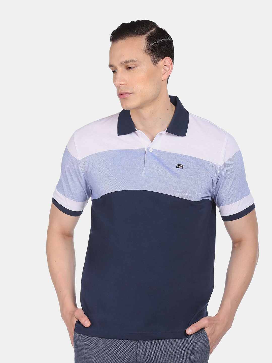 

Arrow Sport Men Blue Colourblocked Pure Cotton Polo Collar T-shirt