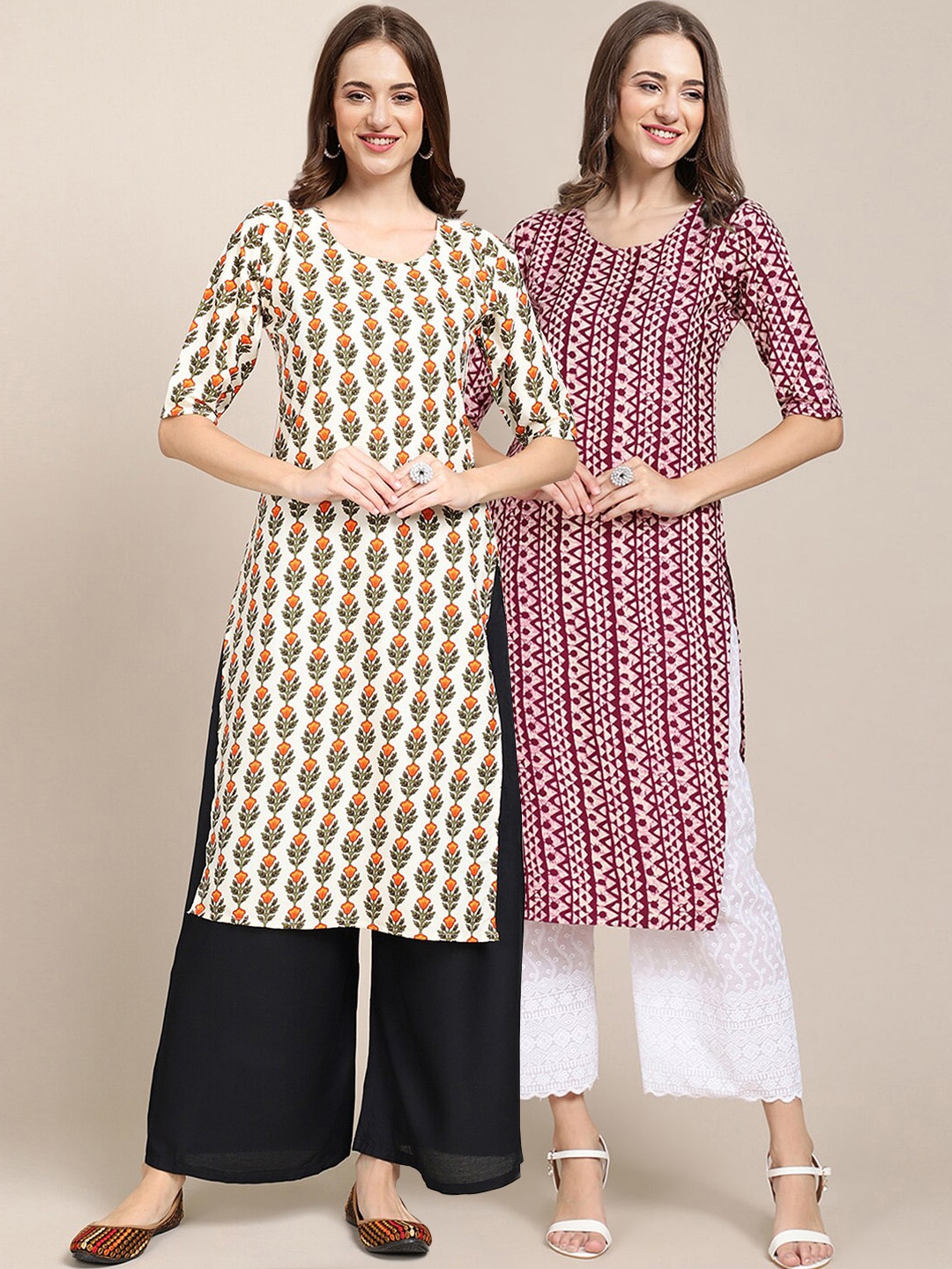 

7Threads Women Pack of 2 Block Print Handloom Crepe Kurta, Off white