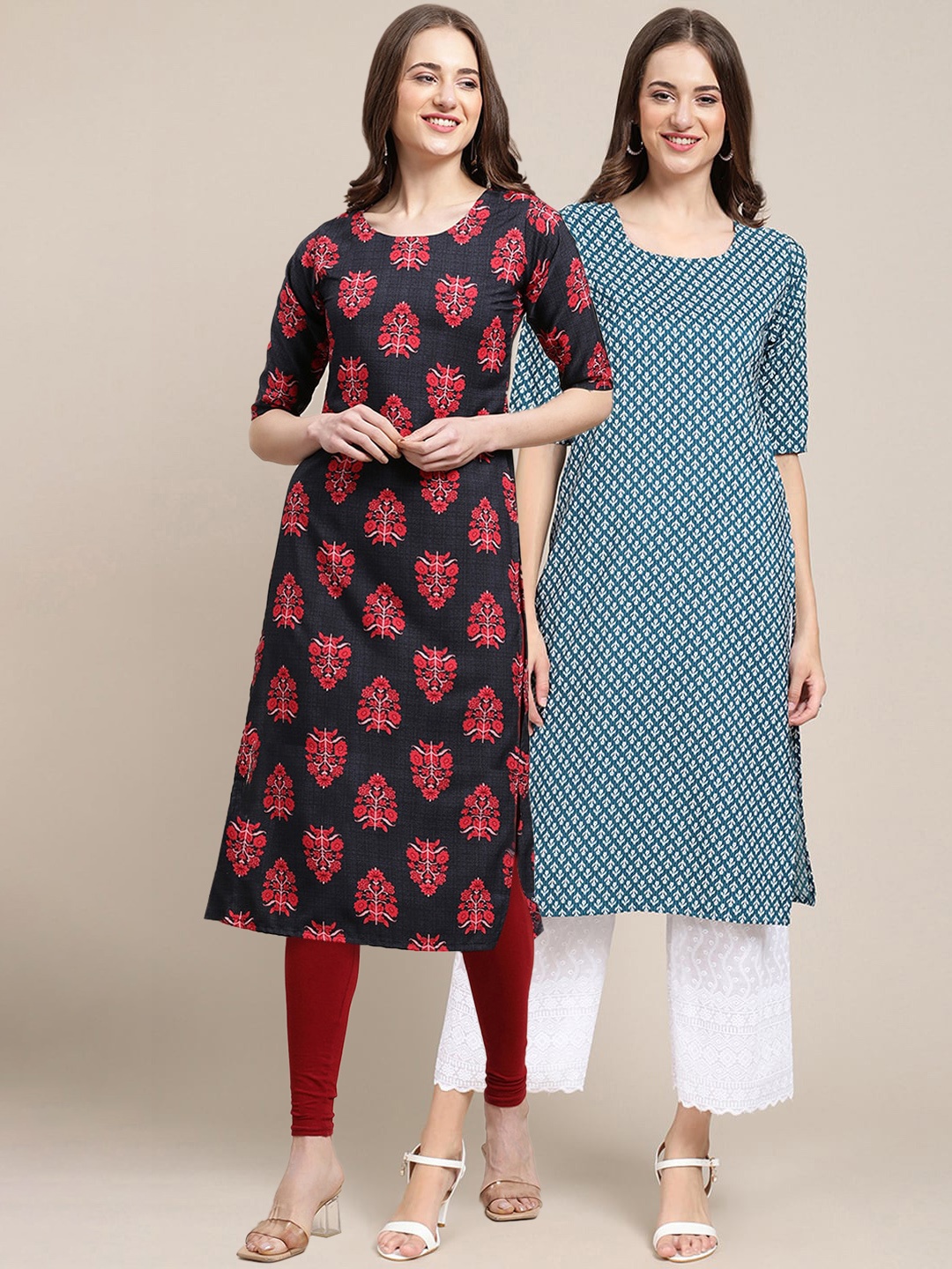 

7Threads Women Set Of 2 Blue & Black Printed Ethnic Motifs Straight Kurta