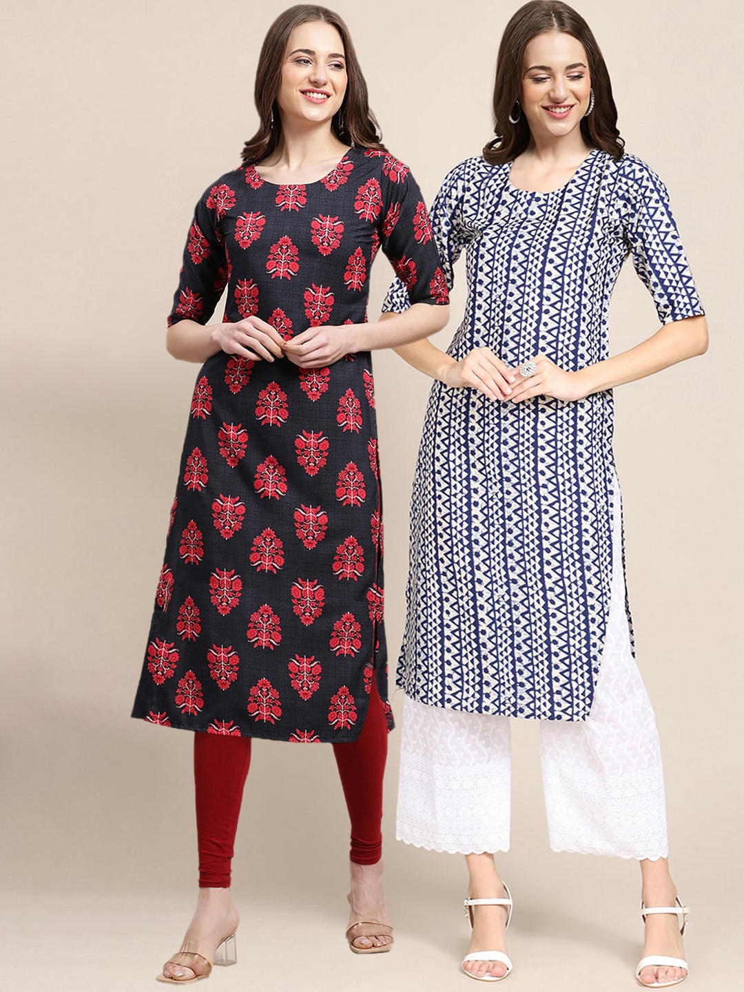 

7Threads Women Pack of 2 Block Print Handloom Crepe Kurta, Black