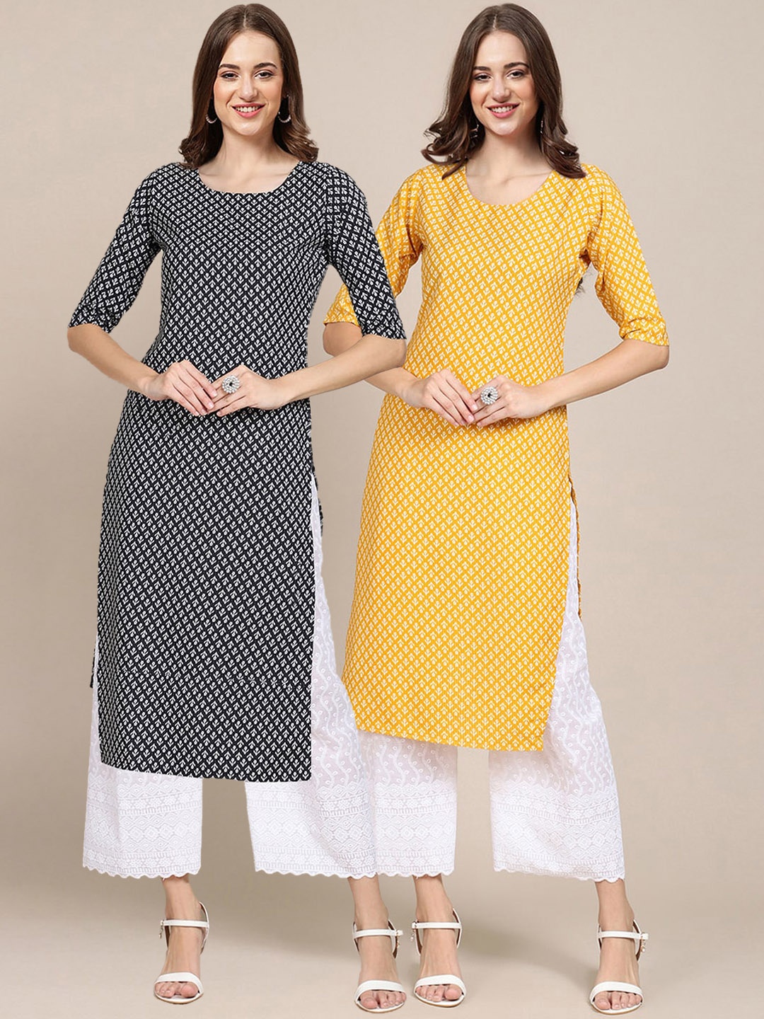 

7Threads PACK OF 2 Women Ethnic Motifs Printed Block Print Handloom Crepe Kurta, Yellow