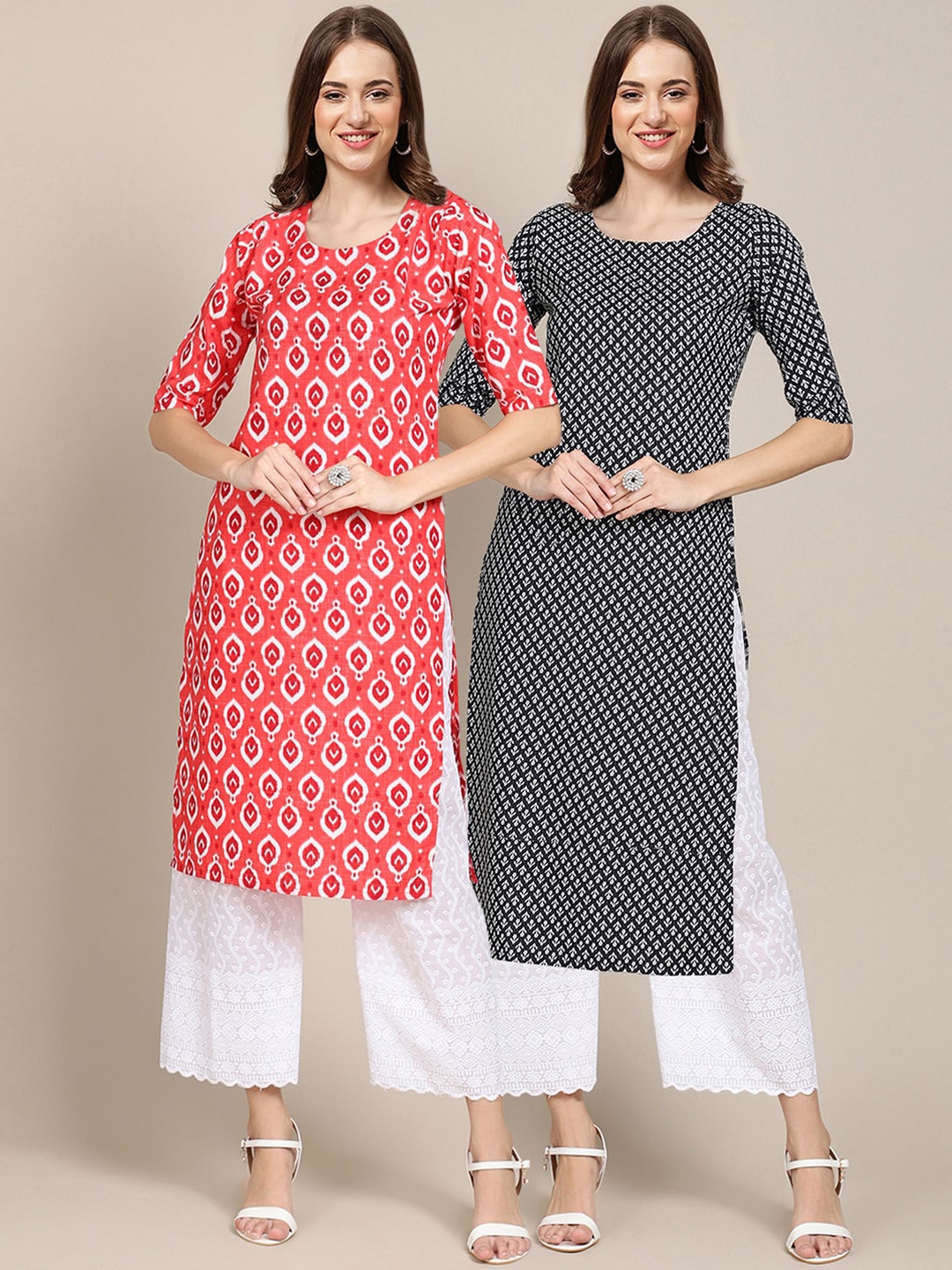 

7Threads Women Pink & Black Pack Of 2 Geometric Printed Crepe Kurta