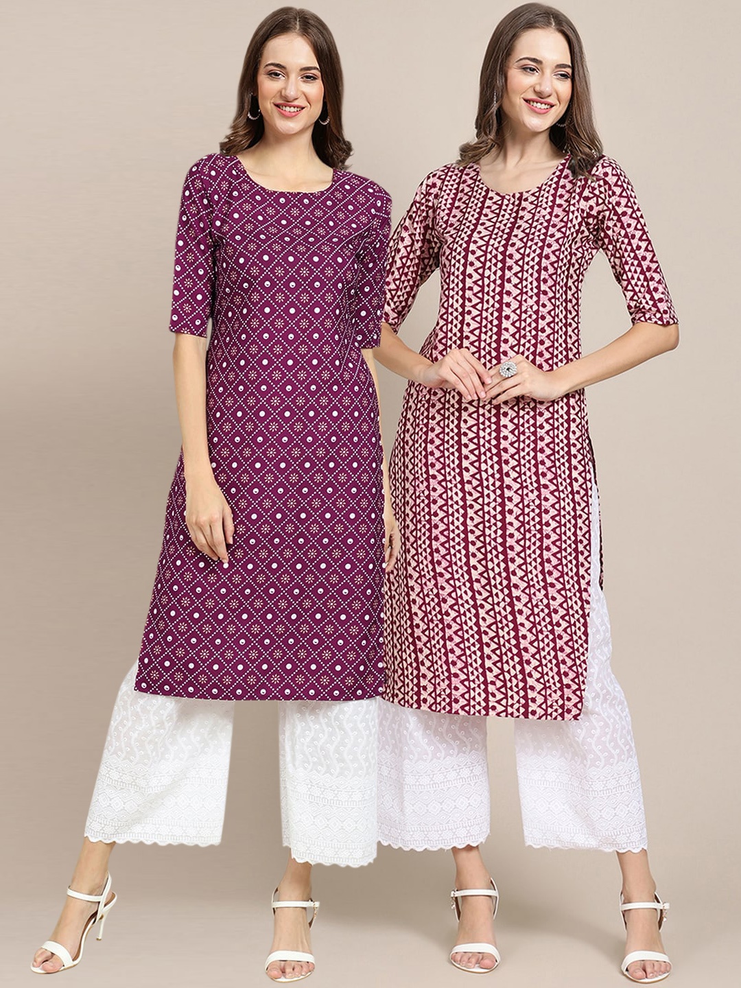 

7Threads Women Pack Of 2 Purple & Pink Geometric Printed Crepe Kurta