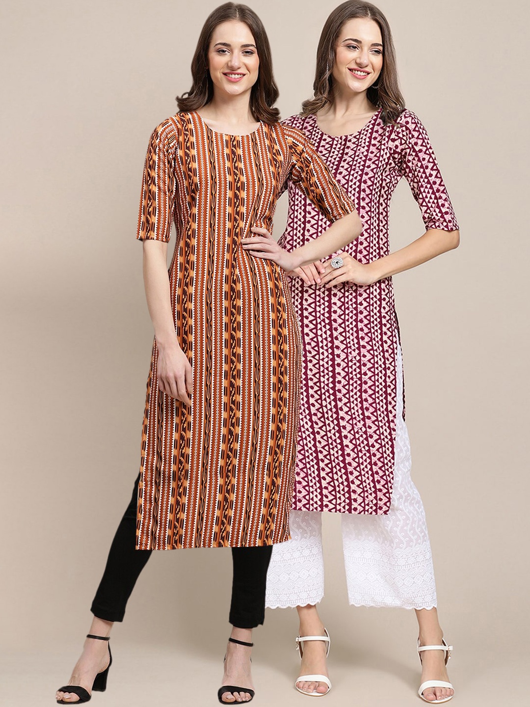 

7Threads Women Pack of 2 Brown & Maroon Ethnic Motifs Printed Crepe Kurta