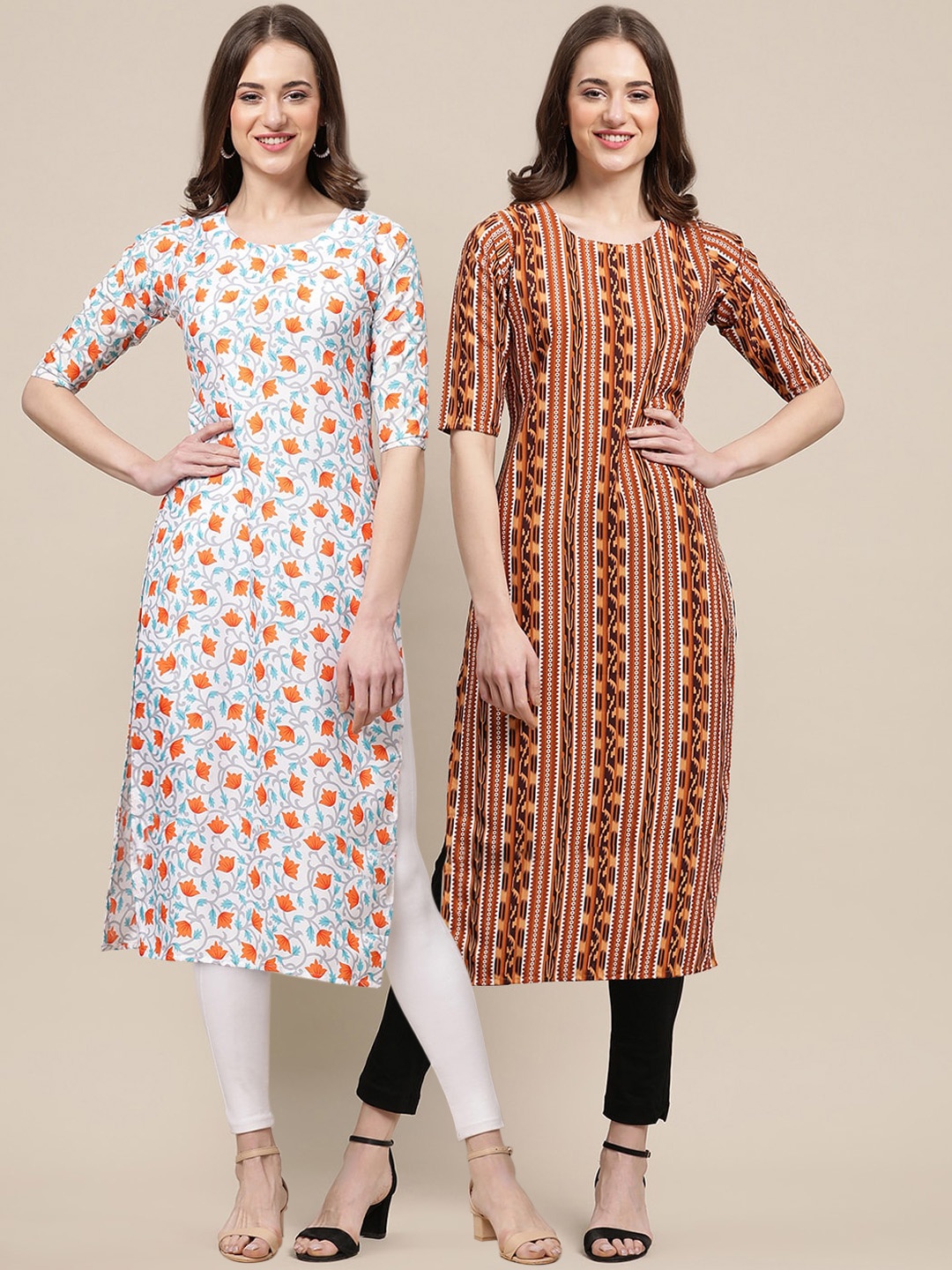 

7Threads Women Pack Of 2 Floral Printed Crepe Kurtas, Off white