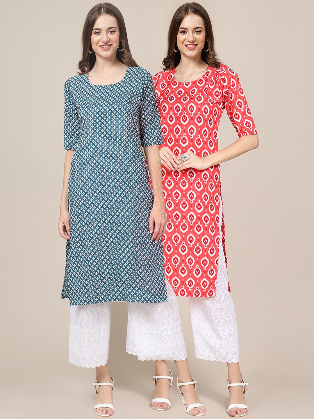 

7Threads Women Pack of 2 Block Print Handloom Crepe Kurta, Teal