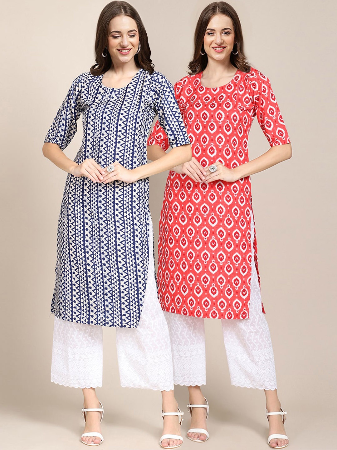 

7Threads Women Pack Of 2 Blue & Pink Ethnic Motifs Printed Crepe Kurta