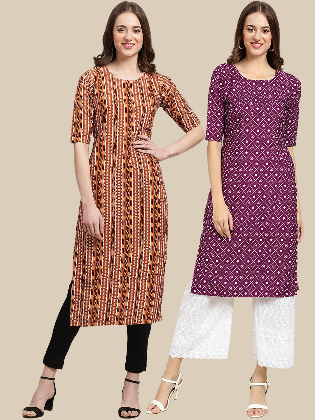 

7Threads Women Pack of 2 Purple & brown Printed Crepe Kurta
