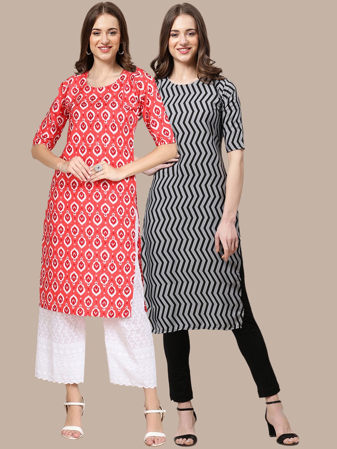 

7Threads PACK OF 2 Women Ethnic Motifs Printed Block Print Handloom Crepe Kurta, Coral